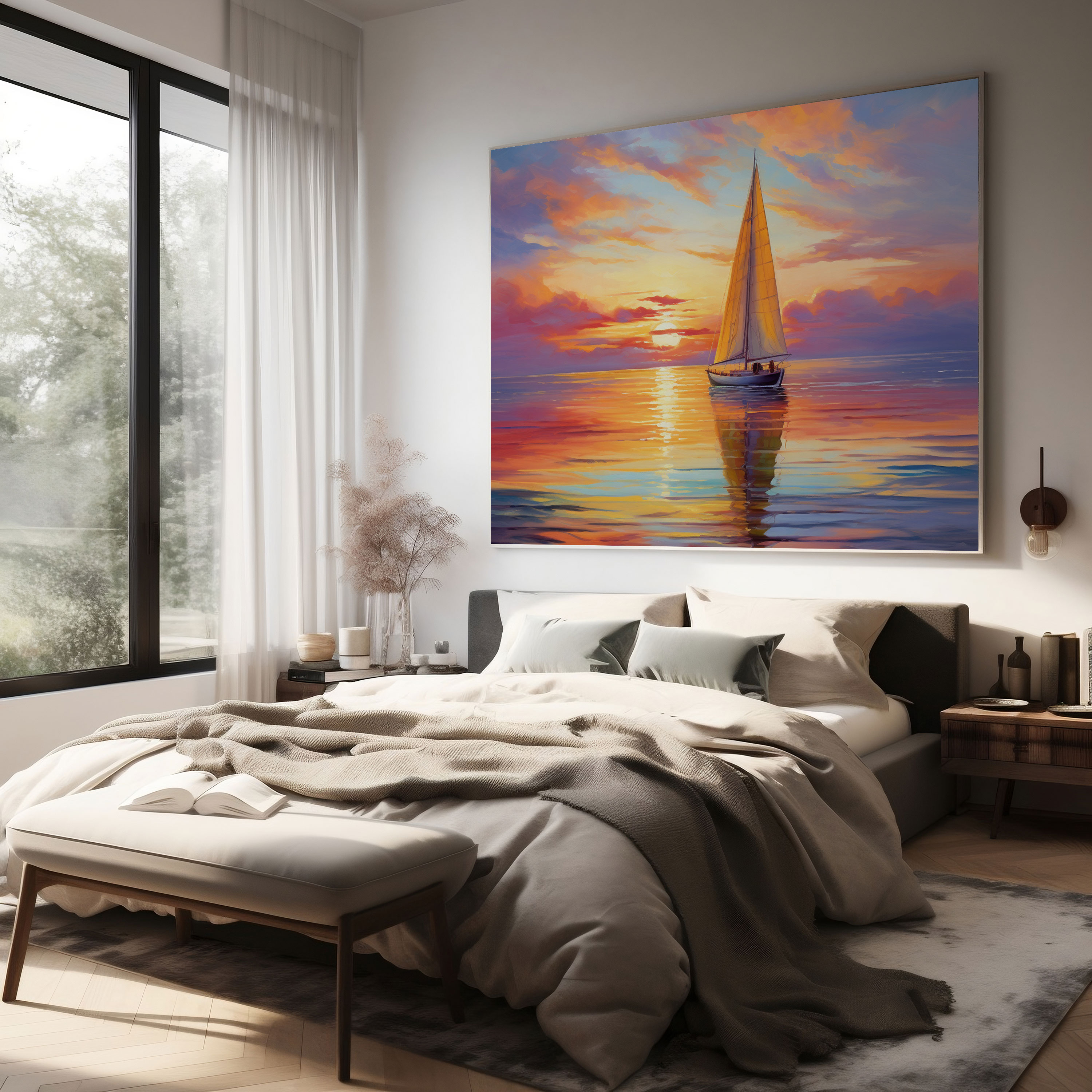 Sailboat Wall Art - Breathtaking Sunset - Wall Decoration - Sailboat, Canvas, Calm Sea, Sailboat