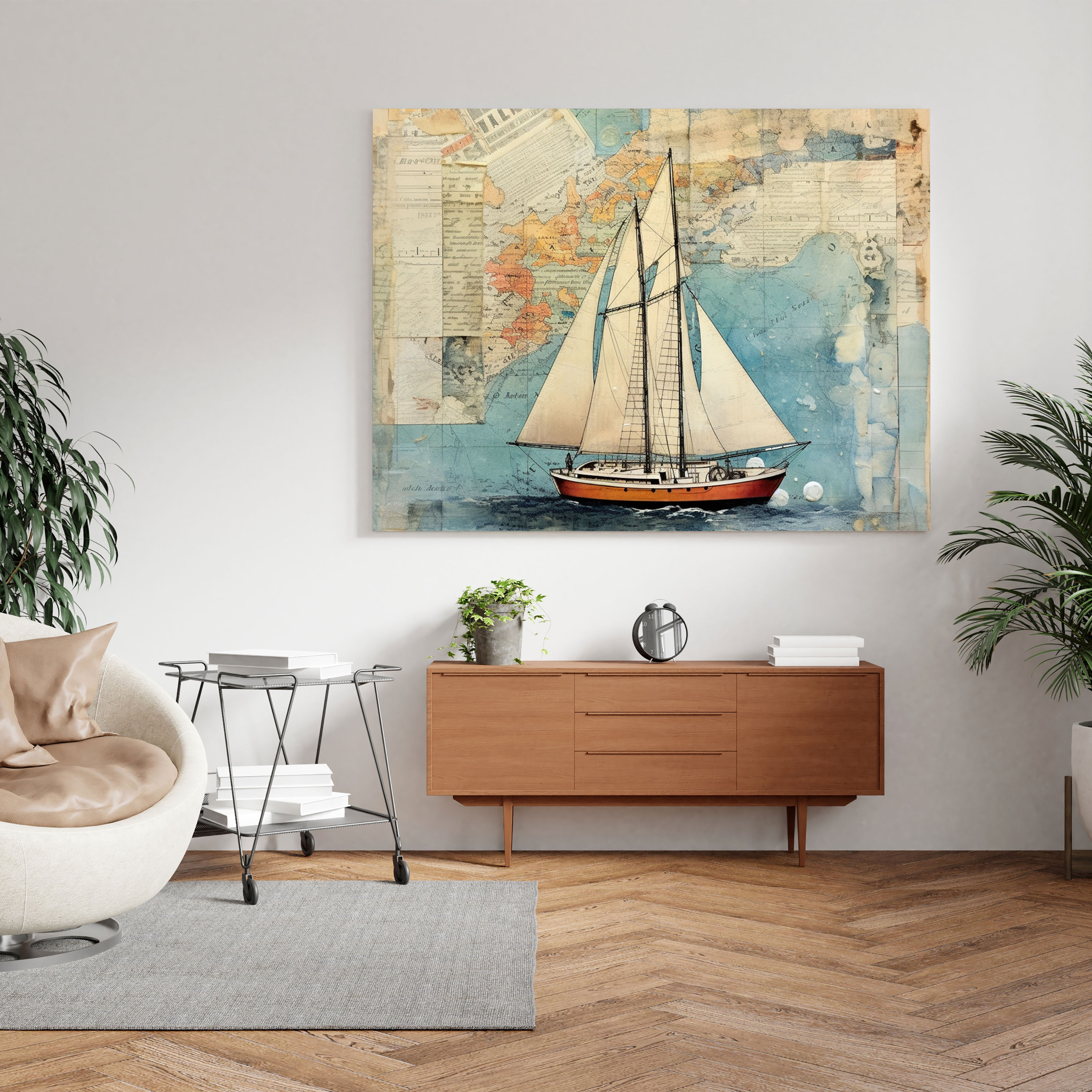 Sailboat Wall Decoration - Vintage Journey - Canvas Print - Sailboat, Unique Collage, Vintage Maps, Mixed Media