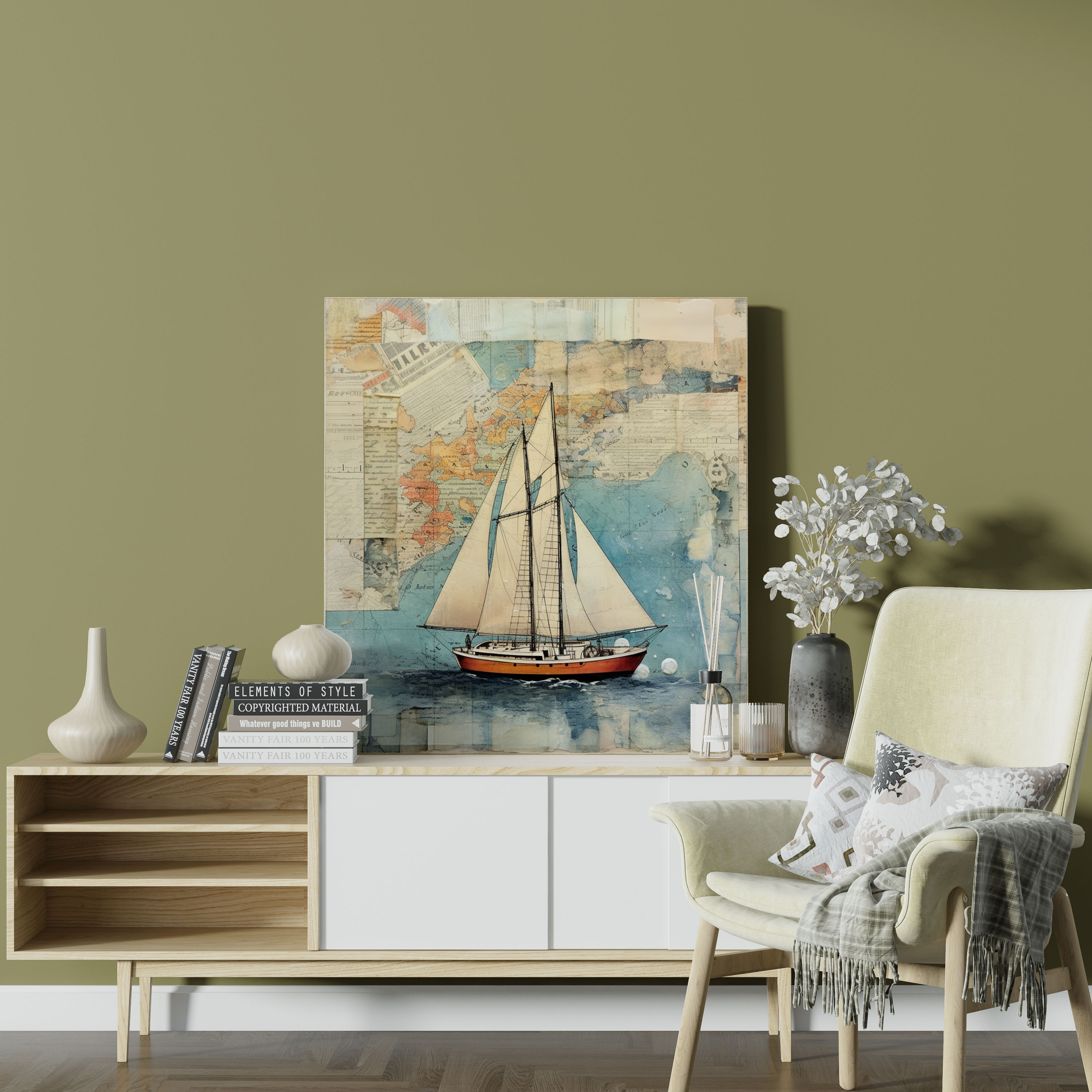 Sailboat Wall Decoration - Vintage Journey - Canvas Print - Sailboat, Unique Collage, Vintage Maps, Mixed Media