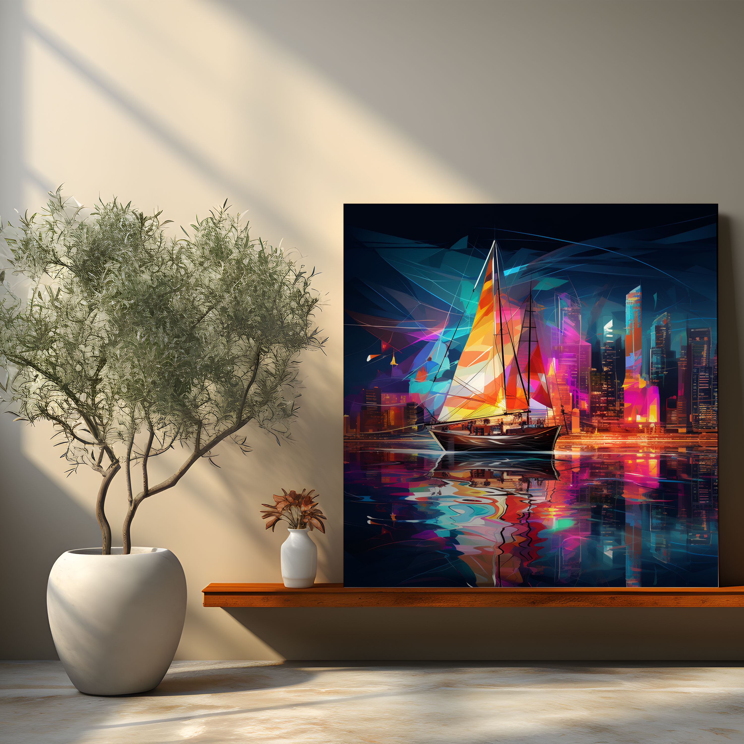 Futuristic City Sailboat Digital Canvas Print - Sailboat, Wall Art, Sailboat, Sense Of Innovation