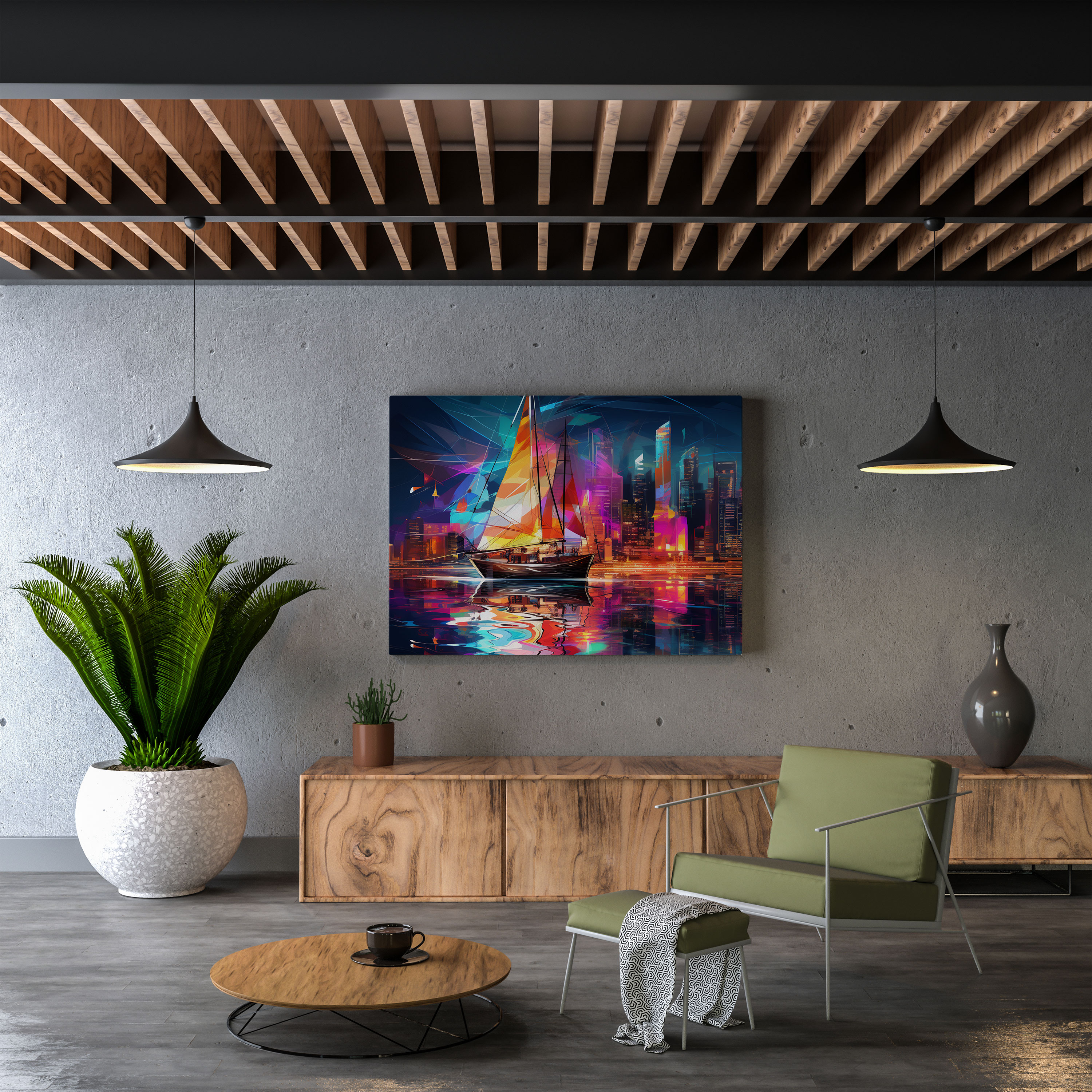 Futuristic City Sailboat Digital Canvas Print - Sailboat, Wall Art, Sailboat, Sense Of Innovation