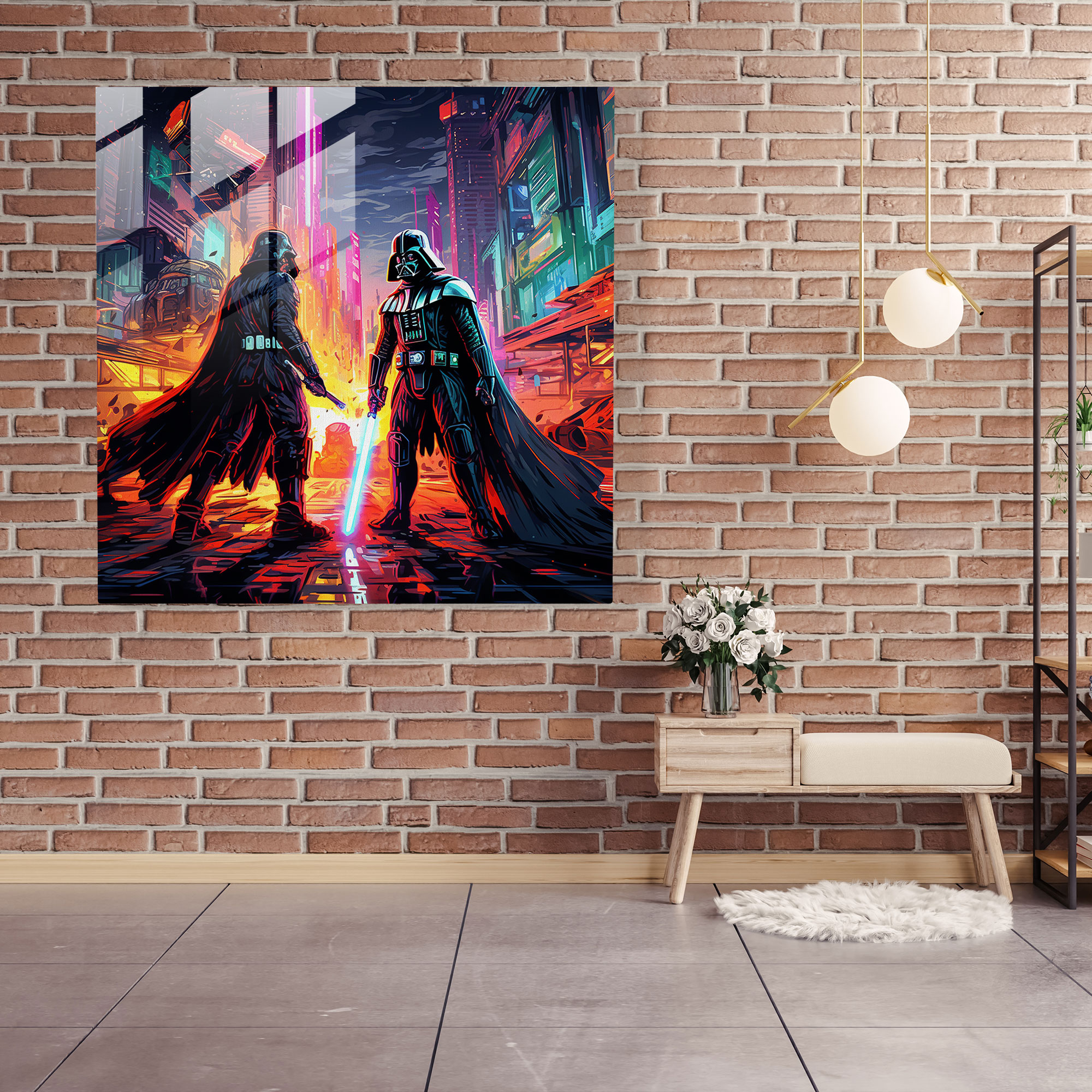 Star Wars Neon Glass Print - Star Wars, Glass Print, Futuristic Cityscape, Lightsaber Duel