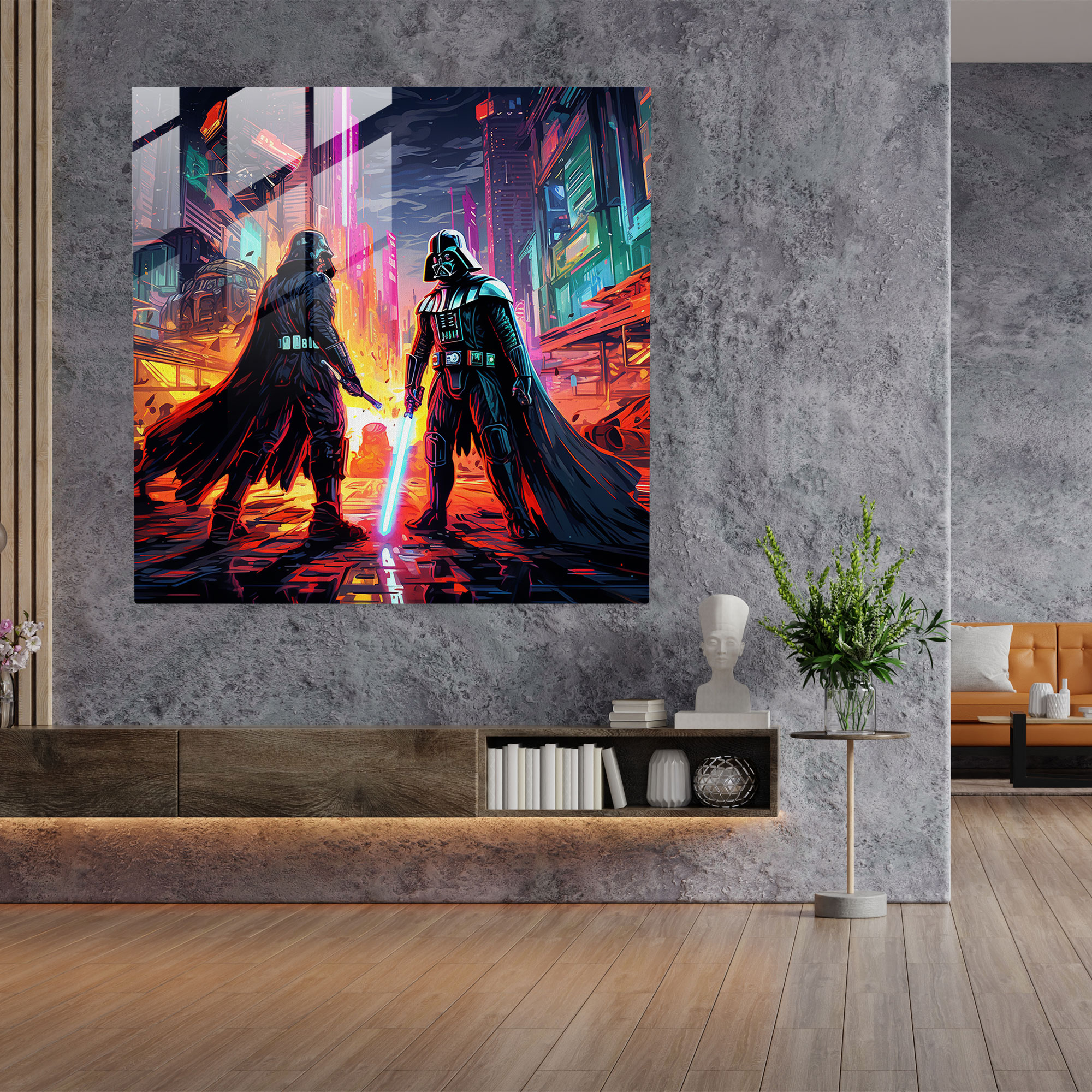 Star Wars Neon Glass Print - Star Wars, Glass Print, Futuristic Cityscape, Lightsaber Duel