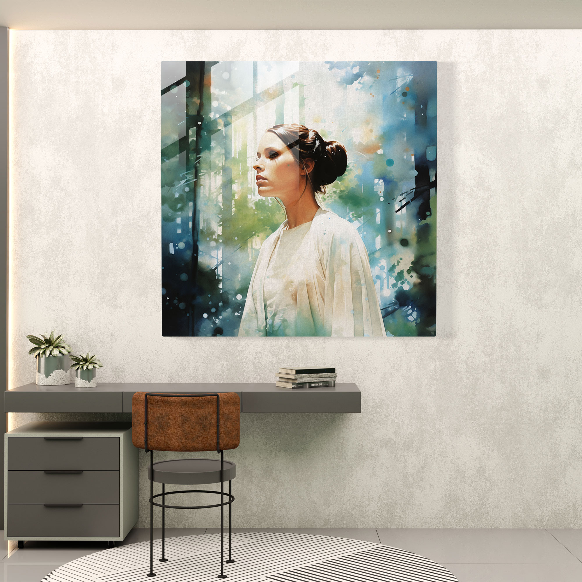 Star Wars Glass Print - Watercolor Painting - Princess Leia In A Serene Forest - Star Wars, Grace, Princess Leia, Home Decoration