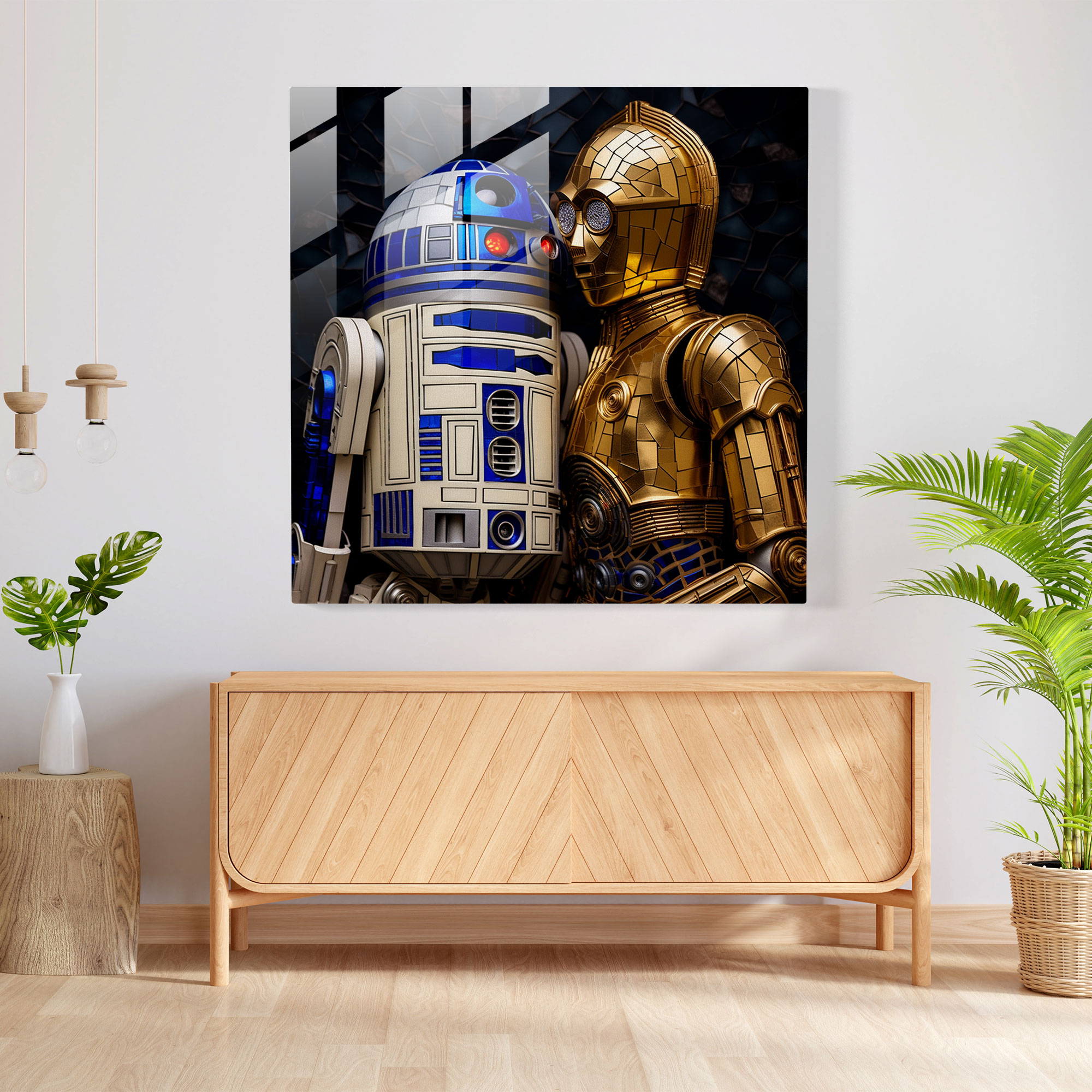 Star Wars Glass Print - Stained Glass Representation - R2-D2 And C-3Po In A Delicate Mosaic - Star Wars, Glass Wall Art, Star Wars, Mosaic