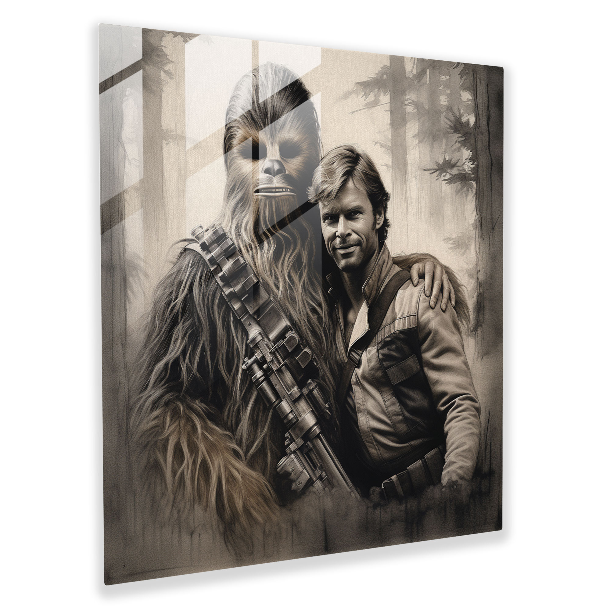 Star Wars Glass Print - Charcoal Sketch - Han Solo And Chewbacca In A Moment Of Camaraderie - Star Wars, Star Wars, Modern Art, Han Solo