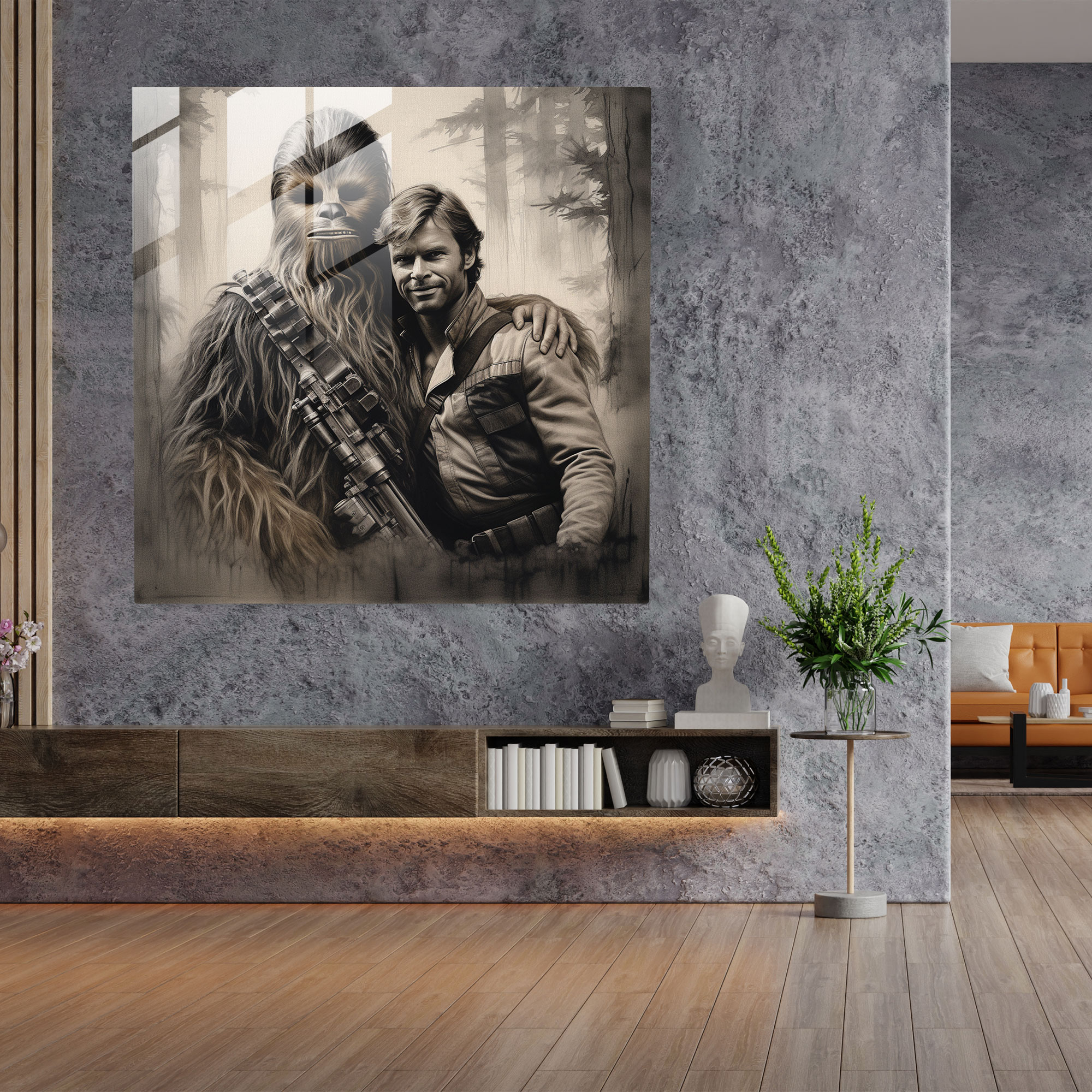 Star Wars Glass Print - Charcoal Sketch - Han Solo And Chewbacca In A Moment Of Camaraderie - Star Wars, Star Wars, Modern Art, Han Solo
