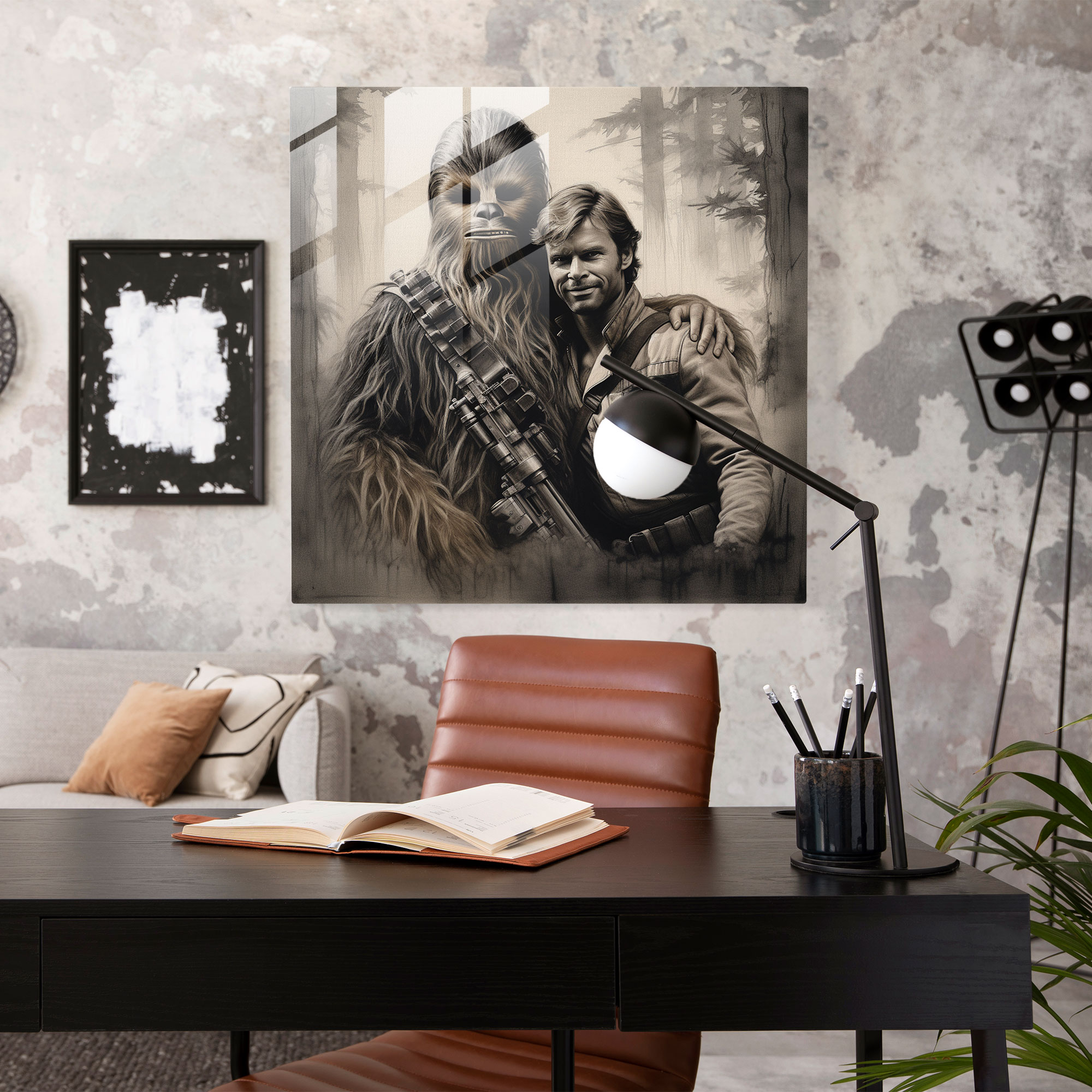 Star Wars Glass Print - Charcoal Sketch - Han Solo And Chewbacca In A Moment Of Camaraderie - Star Wars, Star Wars, Modern Art, Han Solo