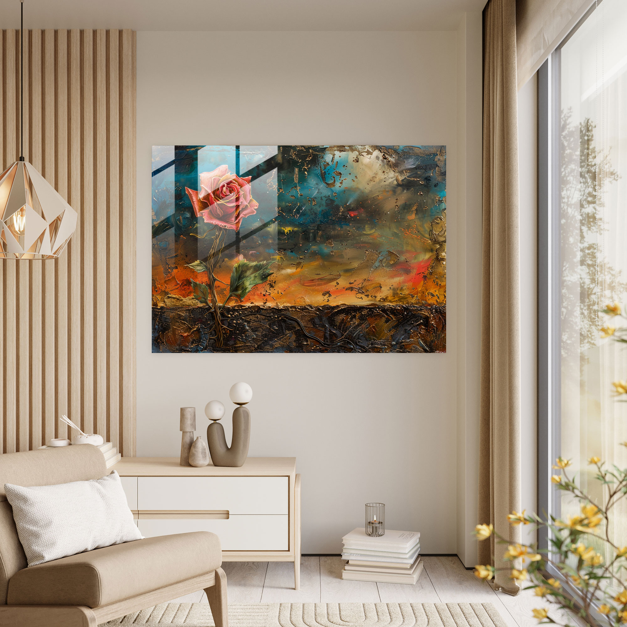 Meditatif Gül Cam Tablo - Salvador Dali Modern Sanat Cam Tablo Baskı