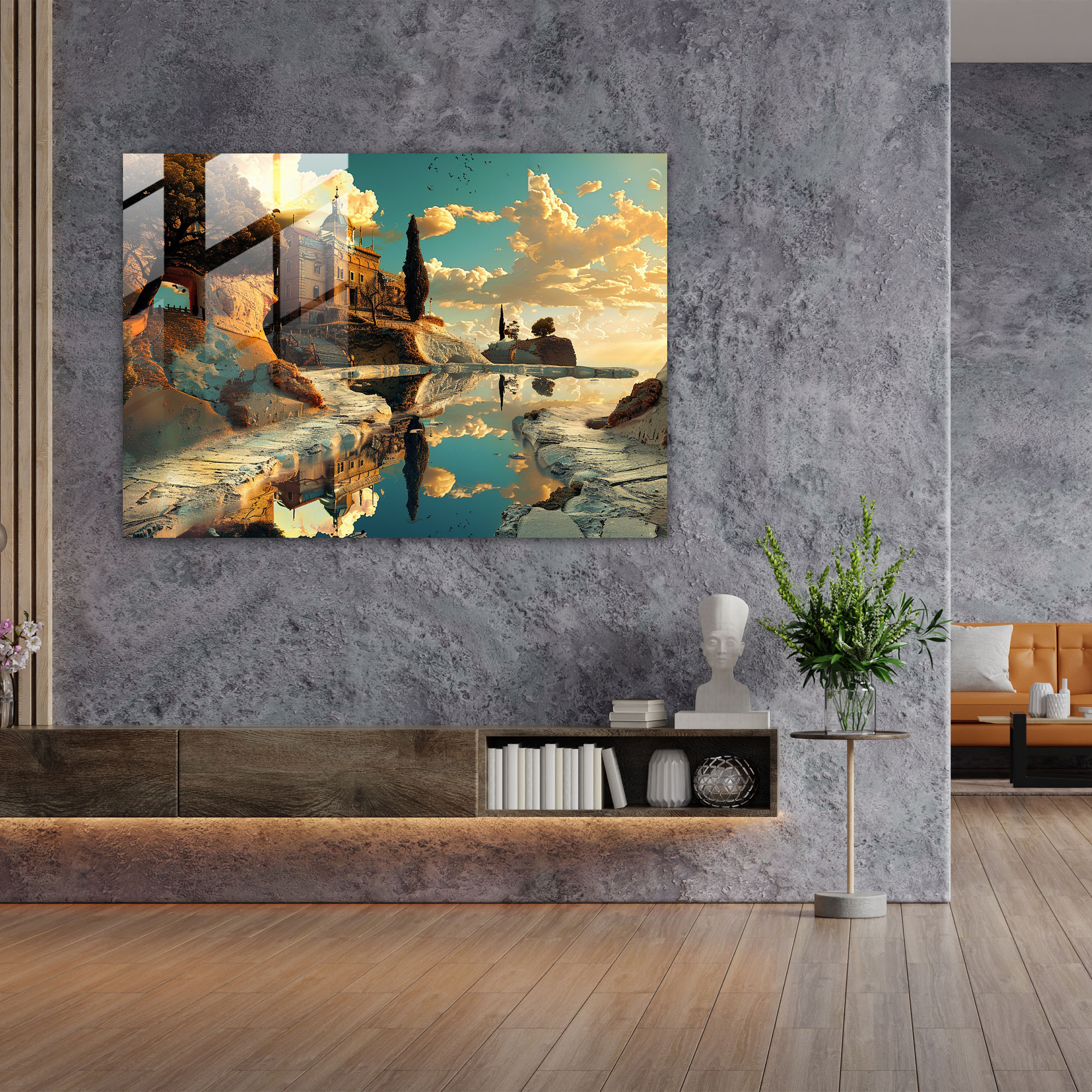 Salvador Dali Tarzında Cam Tablo ile Rüya Gibi Manzara - Salvador Dali Ev Dekorasyonu Cam Duvar Sanatı Cam Tablo
