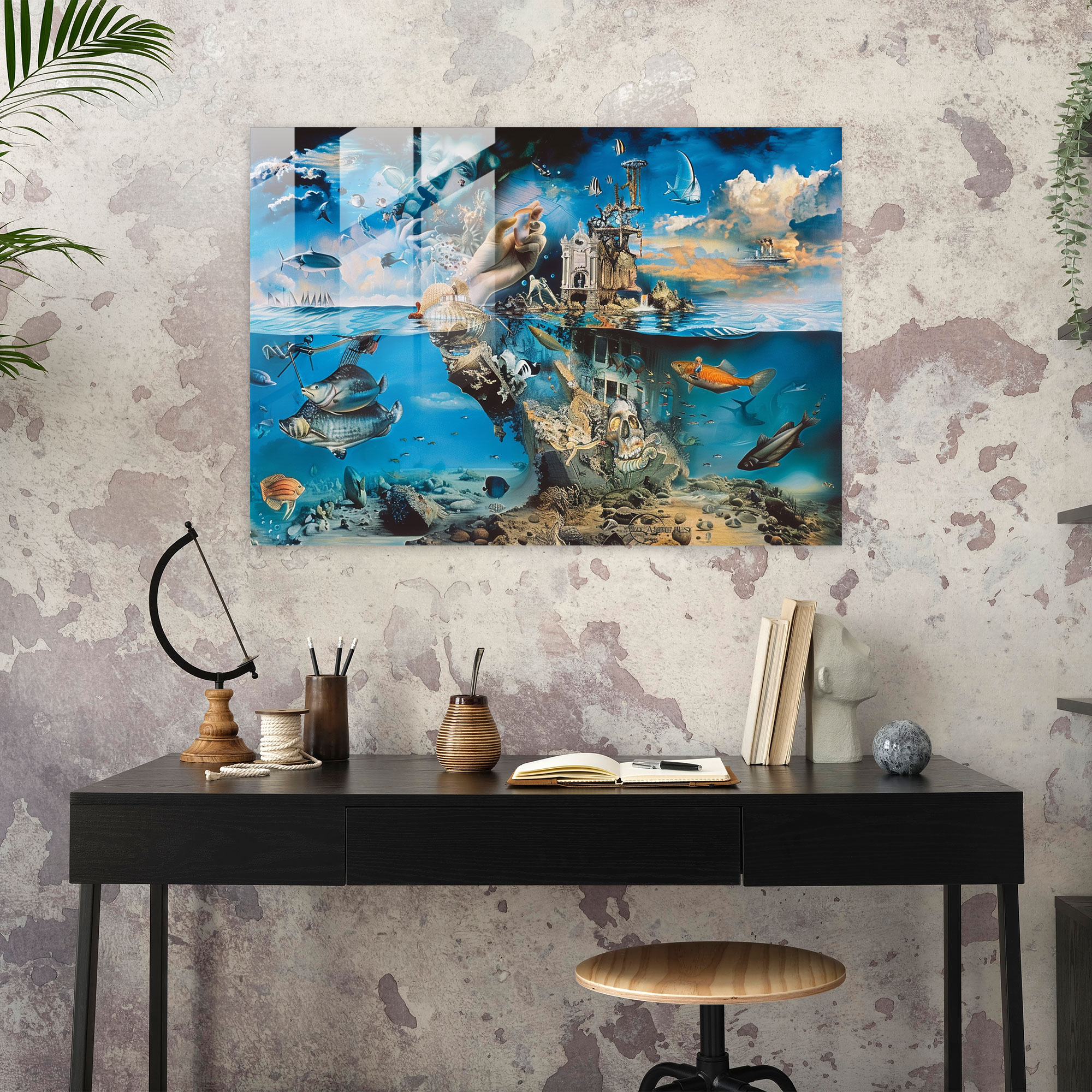 Sürreal Su Altı Dünyası Cam Tablo - Salvador Dali Cam Sanatı Modern Sanat Cam Duvar Sanatı