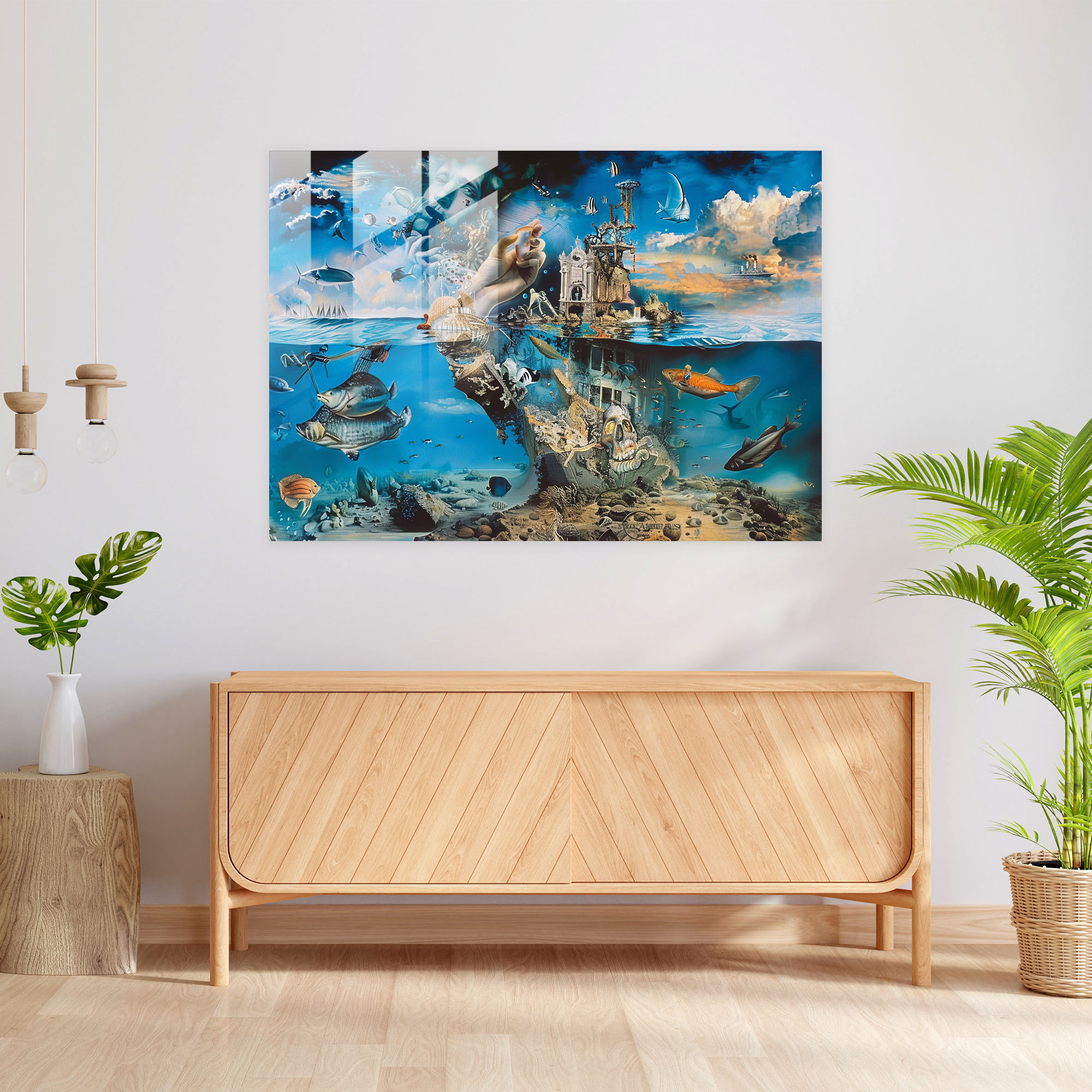 Sürreal Su Altı Dünyası Cam Tablo - Salvador Dali Cam Sanatı Modern Sanat Cam Duvar Sanatı