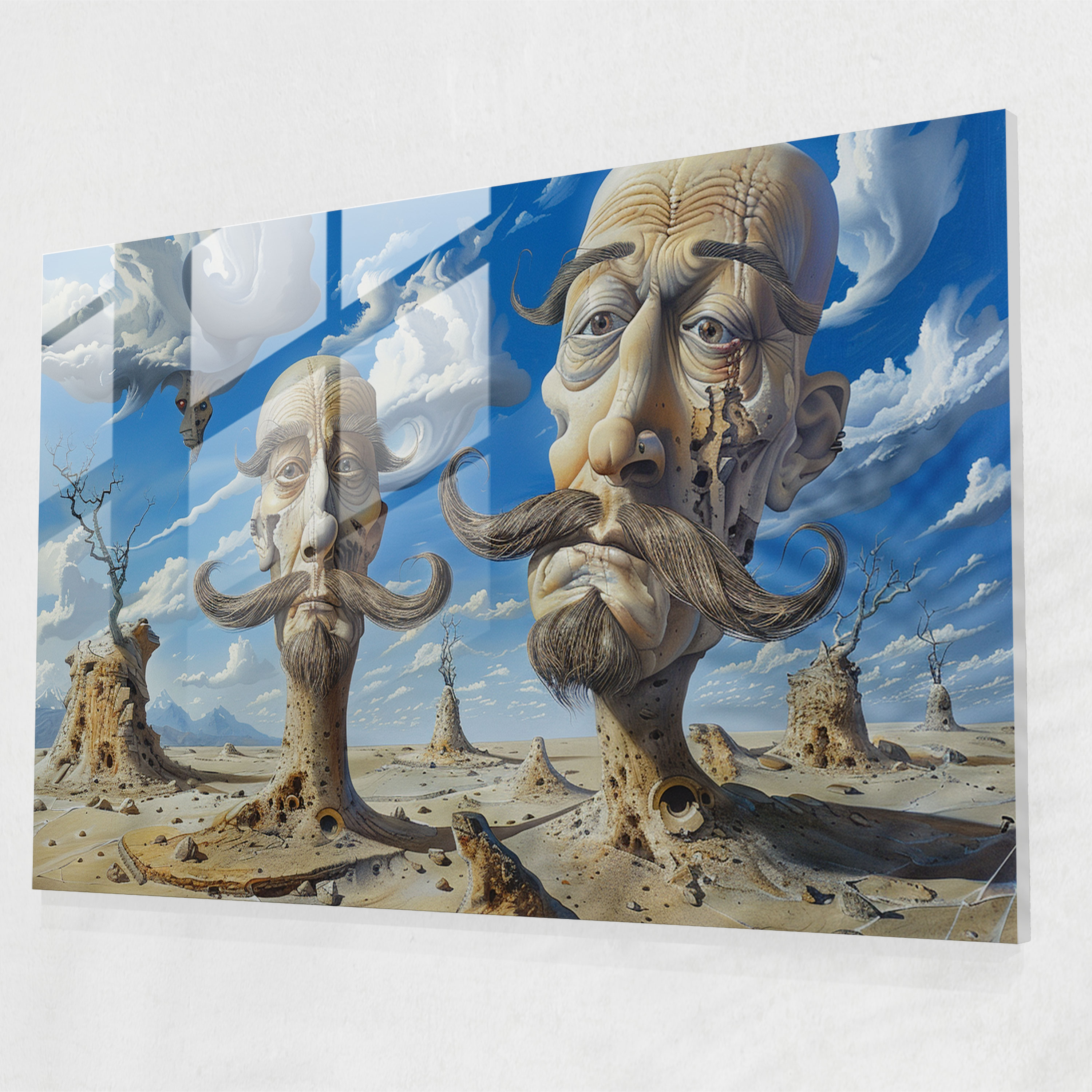 Salvador Dali'nin Fantezik Bıyıklı Figürleri Cam Tablo - Çöl Manzaralı