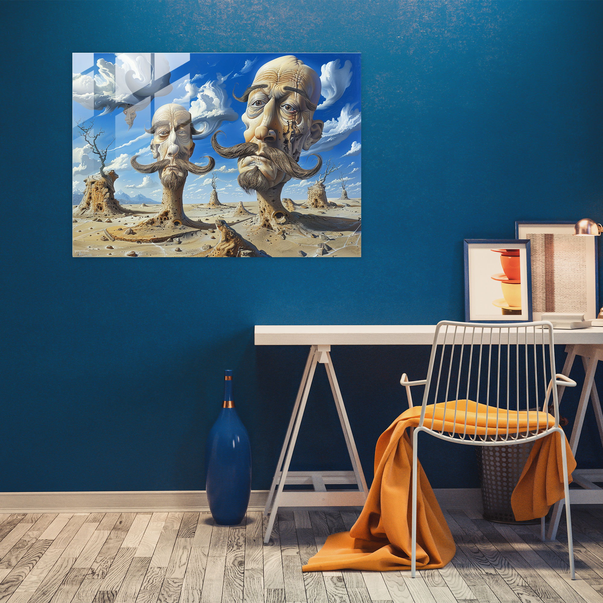 Salvador Dali'nin Fantezik Bıyıklı Figürleri Cam Tablo - Çöl Manzaralı