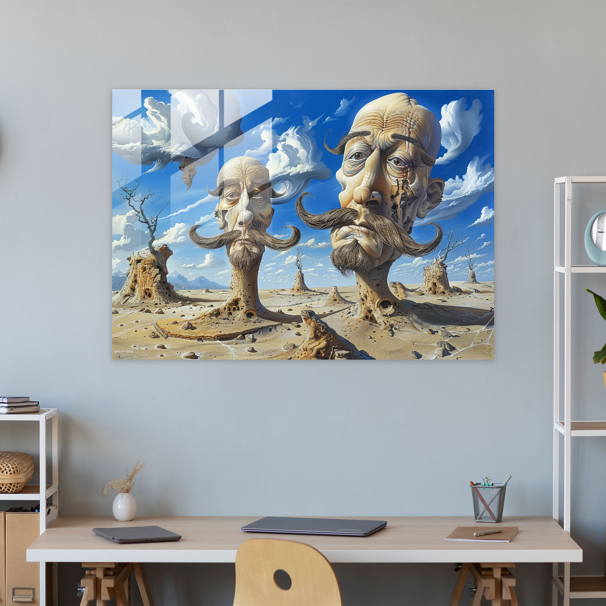 Salvador Dali'nin Fantezik Bıyıklı Figürleri Cam Tablo - Çöl Manzaralı