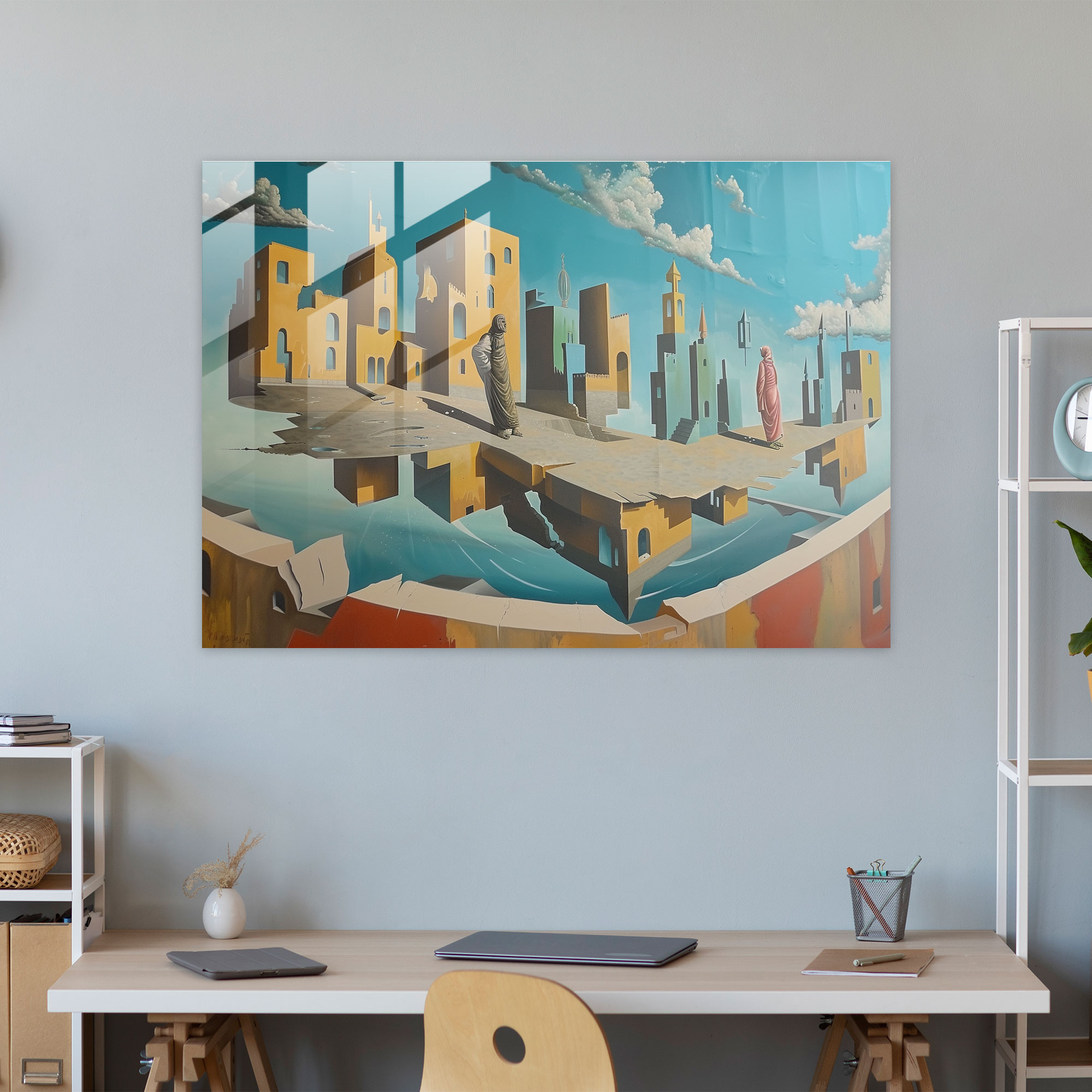 Enigmatic Cityscape Glass Print - Salvador Dali, Enigmatic Figures, Wall Decoration, Glass Print