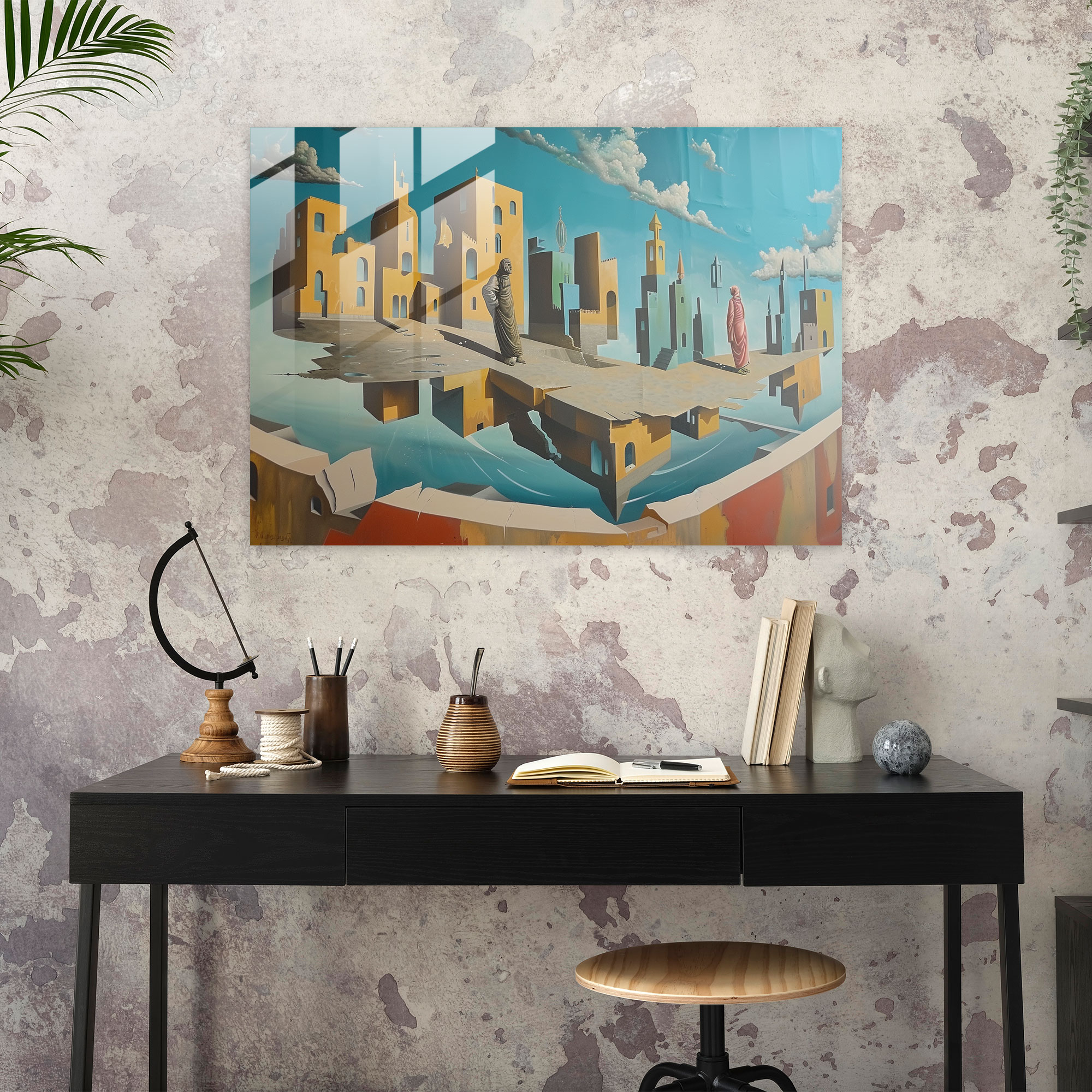 Enigmatic Cityscape Glass Print - Salvador Dali, Enigmatic Figures, Wall Decoration, Glass Print