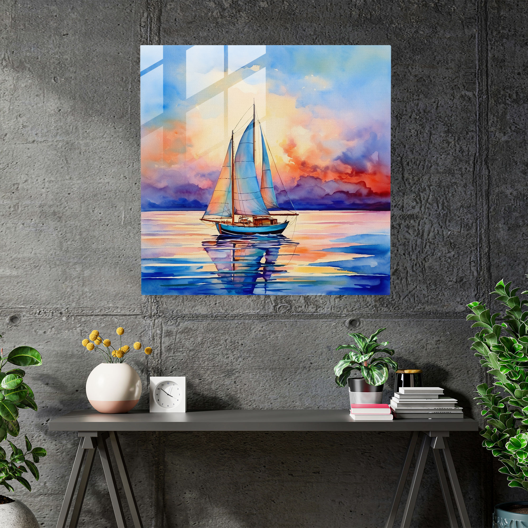 Deniz Manzaralı Cam Tablo - Canlı Suluboya Yelkenli - Deniz Manzarası Modern Sanat Cam Duvar Sanatı Canlı