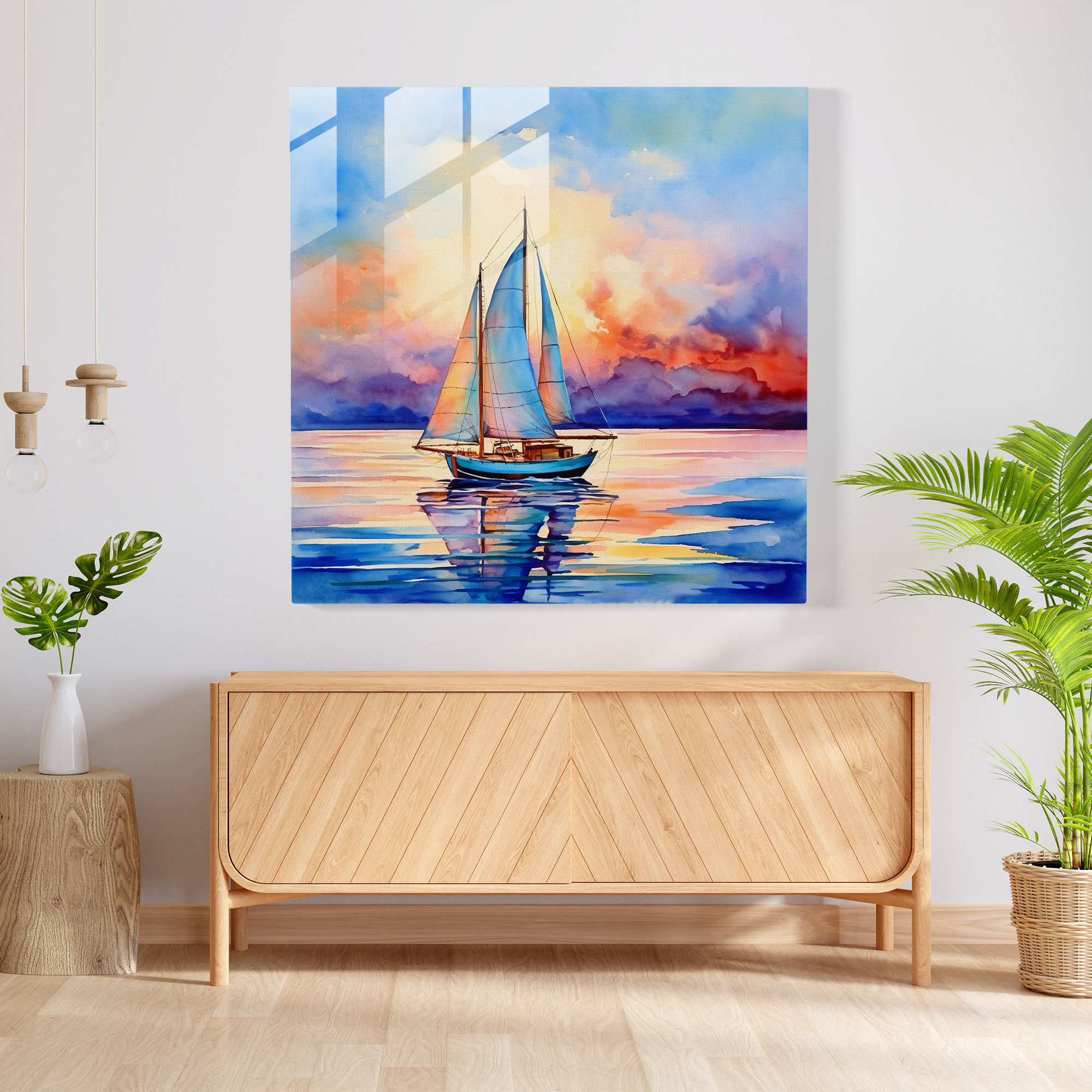 Deniz Manzaralı Cam Tablo - Canlı Suluboya Yelkenli - Deniz Manzarası Modern Sanat Cam Duvar Sanatı Canlı