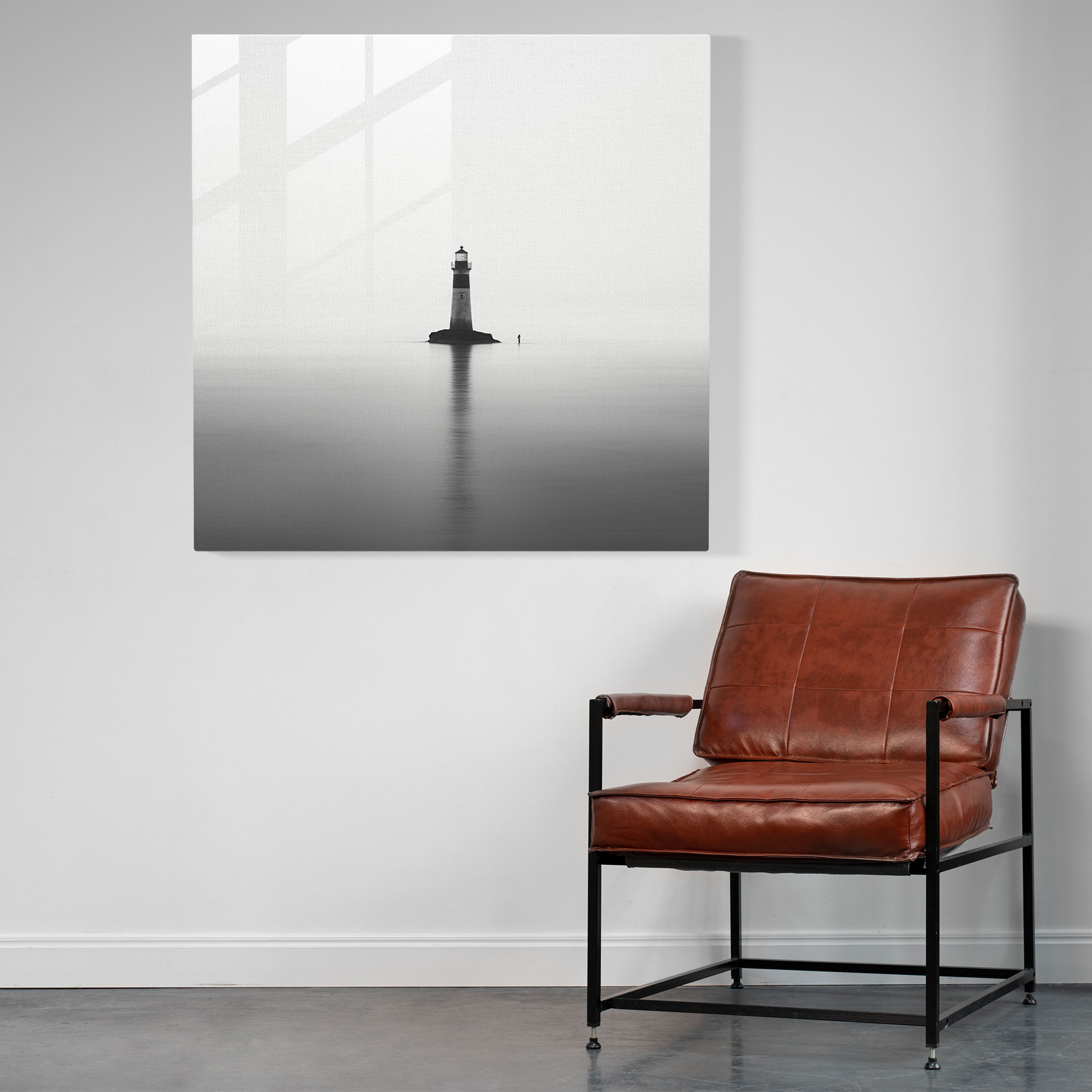 Deniz Manzaralı Cam Tablo - Minimalist Deniz Feneri - Deniz Manzarası Rehberlik Siyah Beyaz Fotoğraf