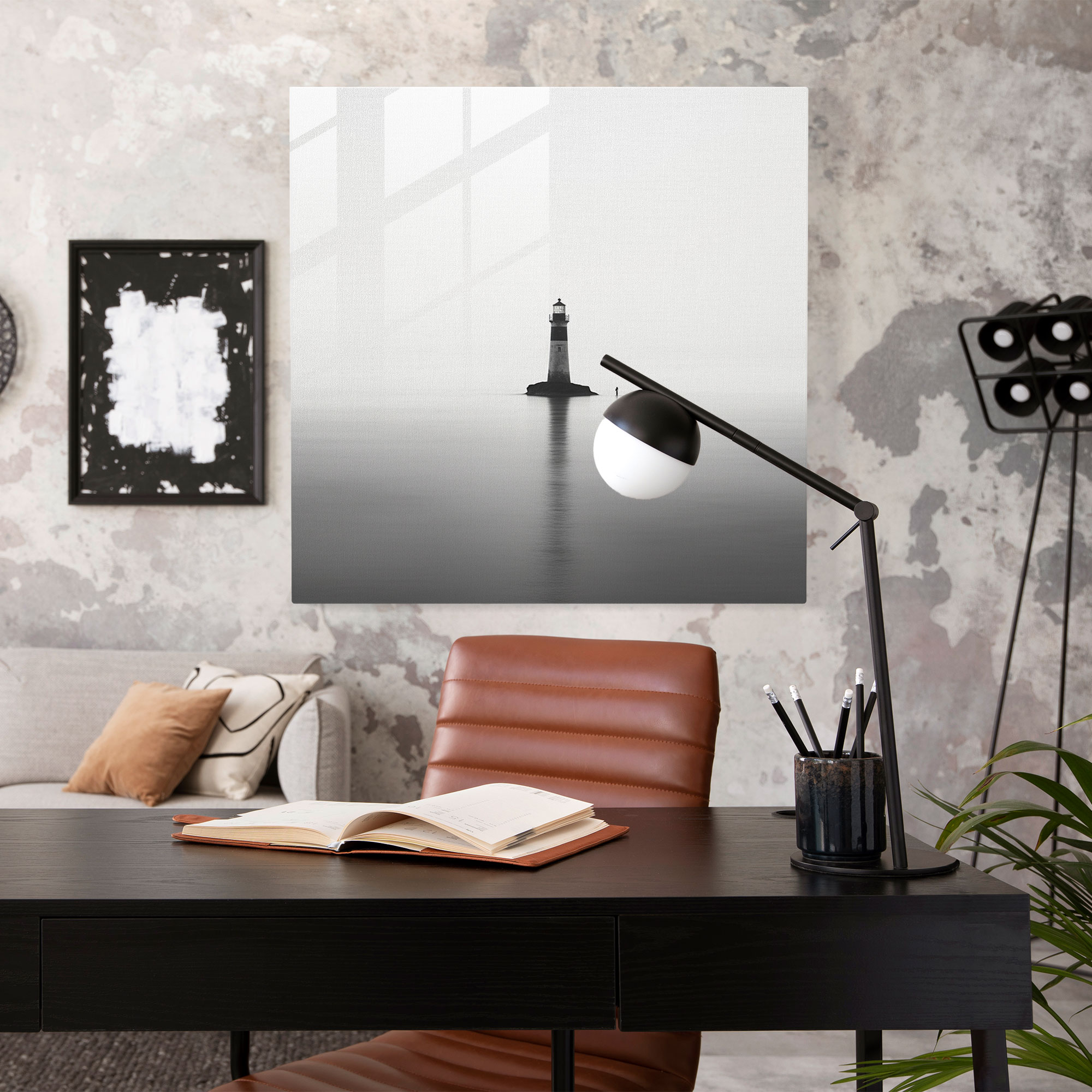 Deniz Manzaralı Cam Tablo - Minimalist Deniz Feneri - Deniz Manzarası Rehberlik Siyah Beyaz Fotoğraf