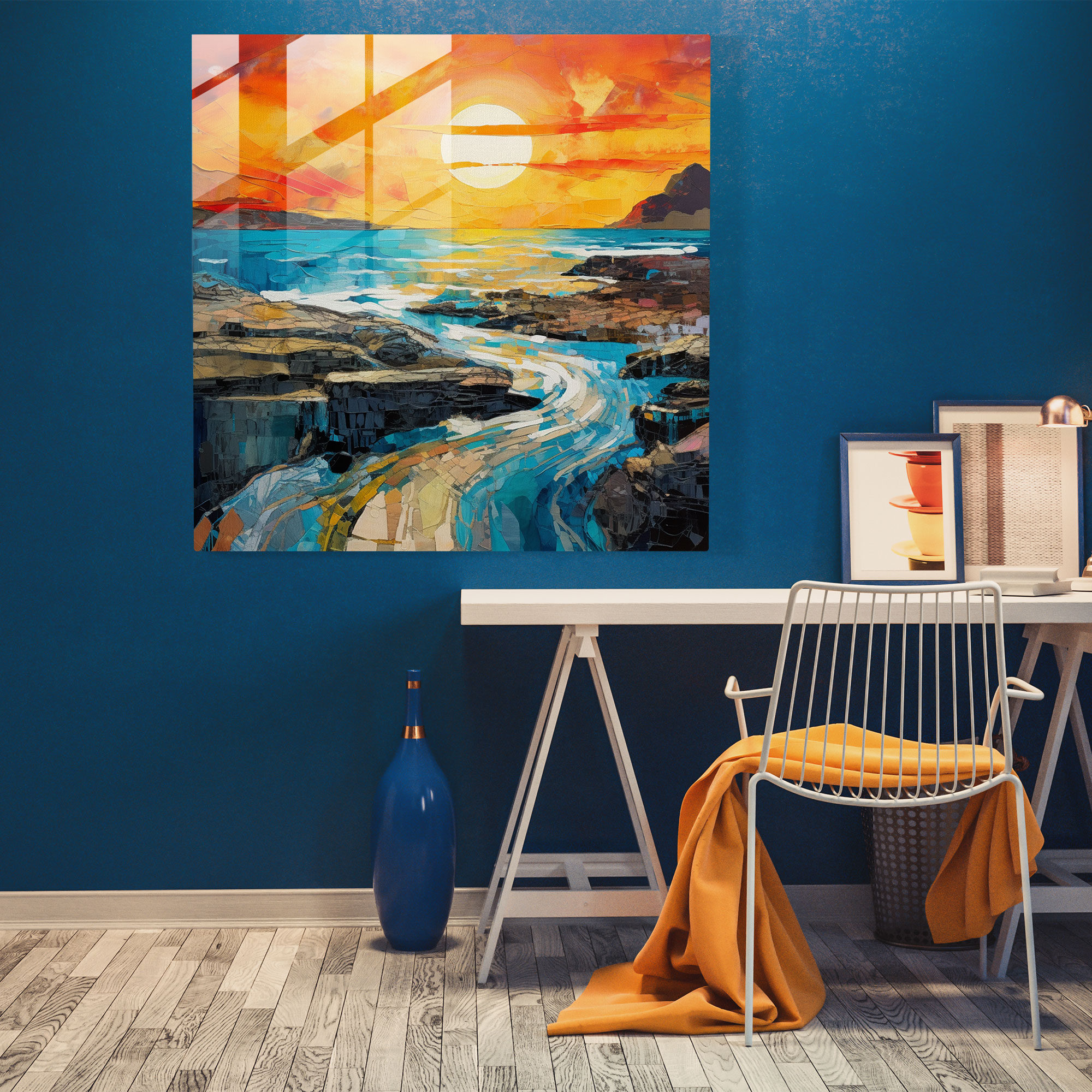 Seascape Glass Print - Contemporary Coastline Sunset - Seascape, Wall Decoration, Vibrant Hues, Glass Wall Art