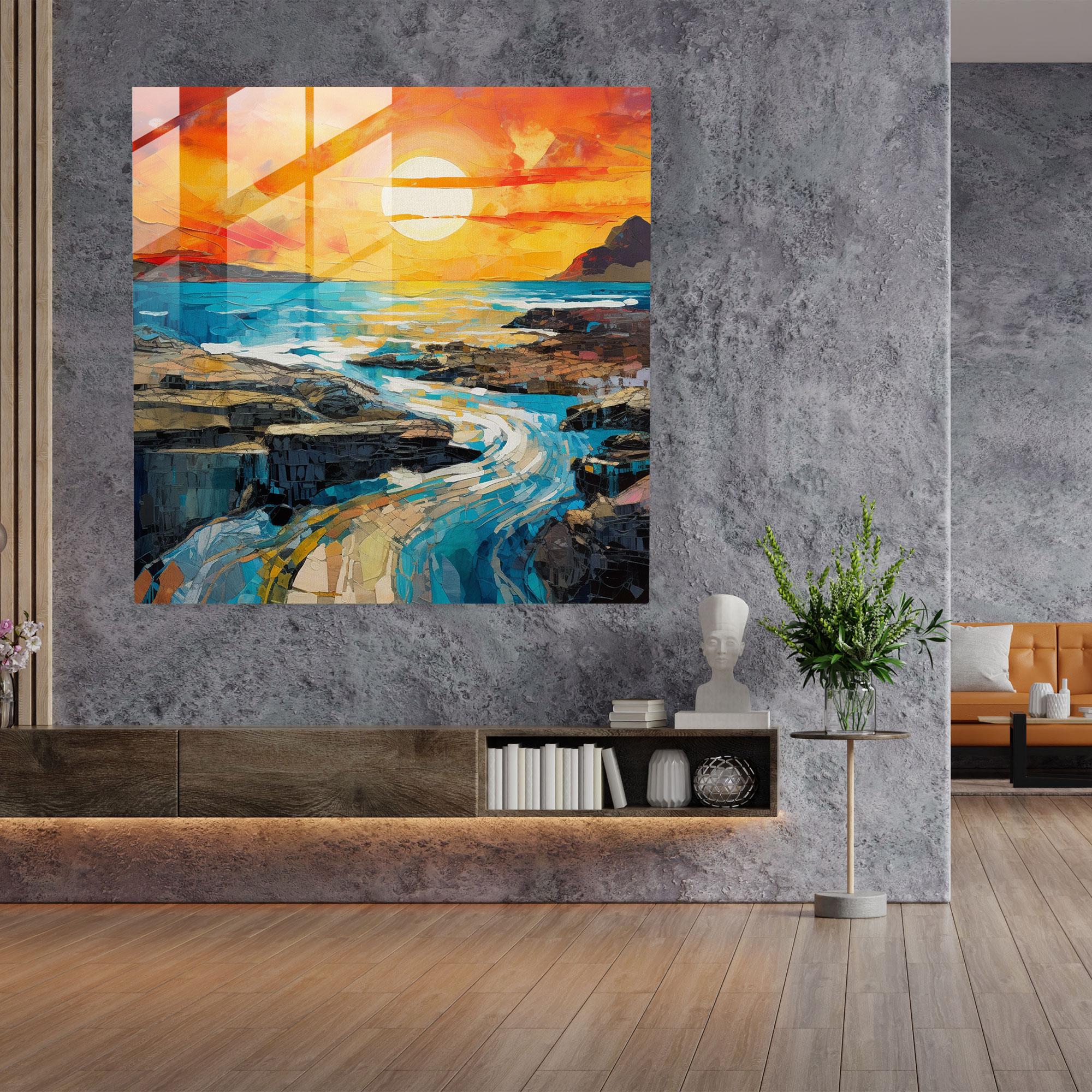 Seascape Glass Print - Contemporary Coastline Sunset - Seascape, Wall Decoration, Vibrant Hues, Glass Wall Art