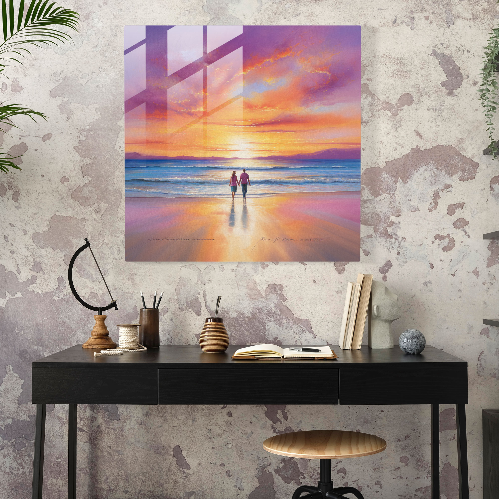 Seascape Glass Print - Romantic Beach Stroll - Seascape, Wall Decoration, Seascape, Romantic