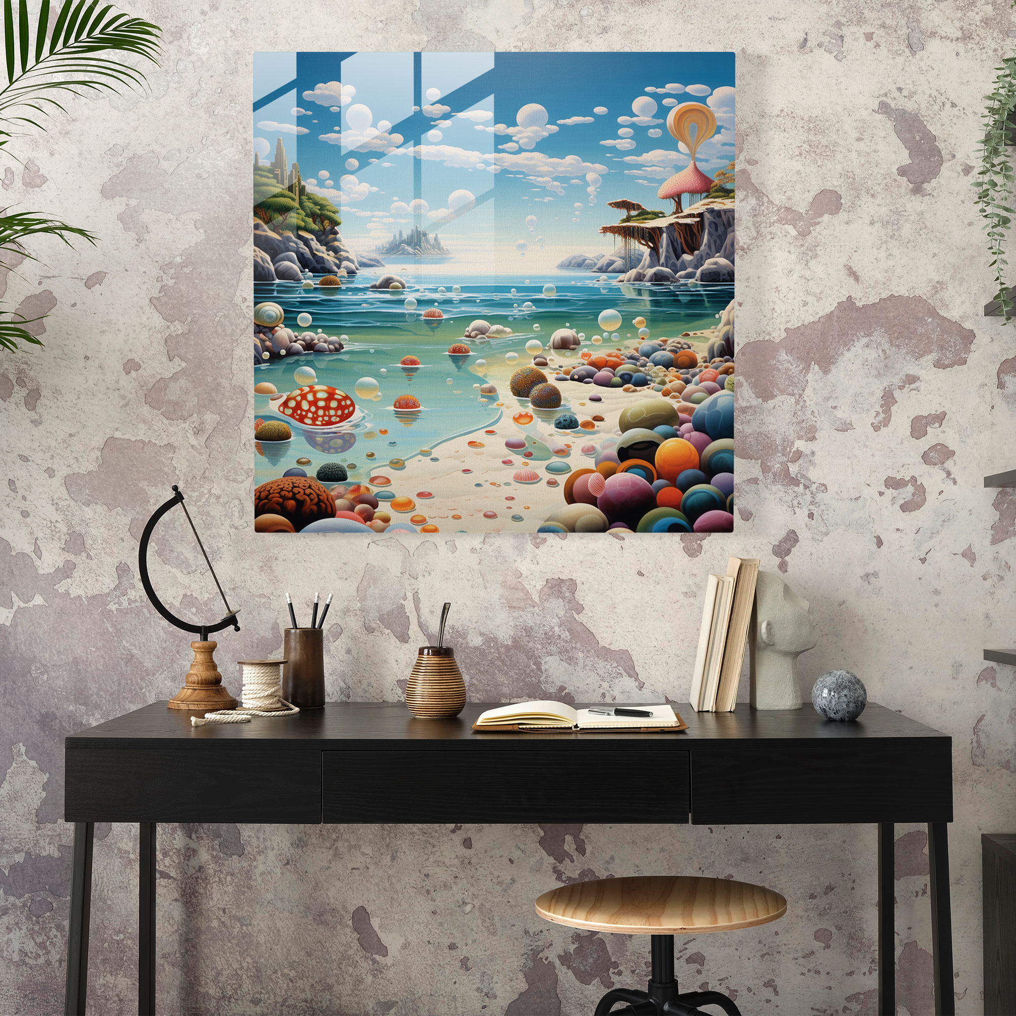Whimsical Seascape Glass Print - Seascape, Glass Wall Art, Floating Objects, Surrealist
