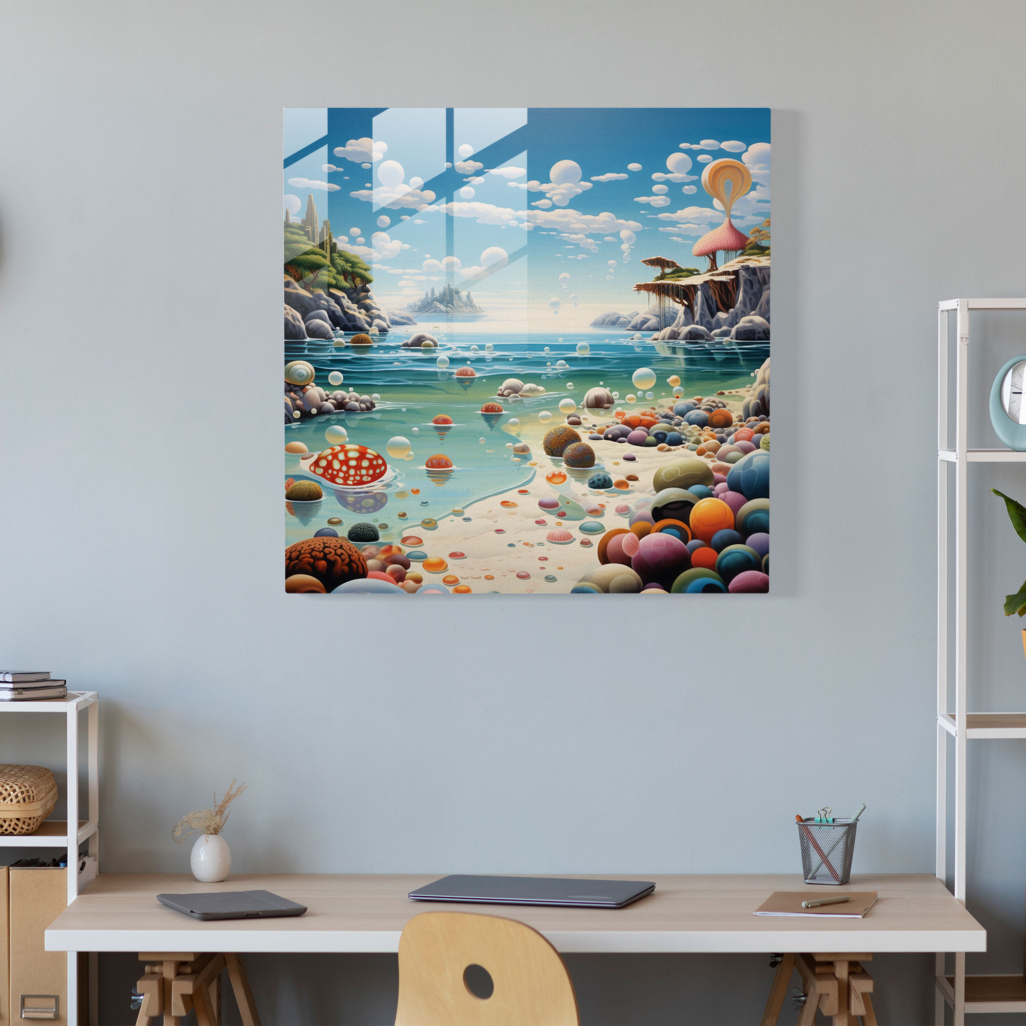 Whimsical Seascape Glass Print - Seascape, Glass Wall Art, Floating Objects, Surrealist