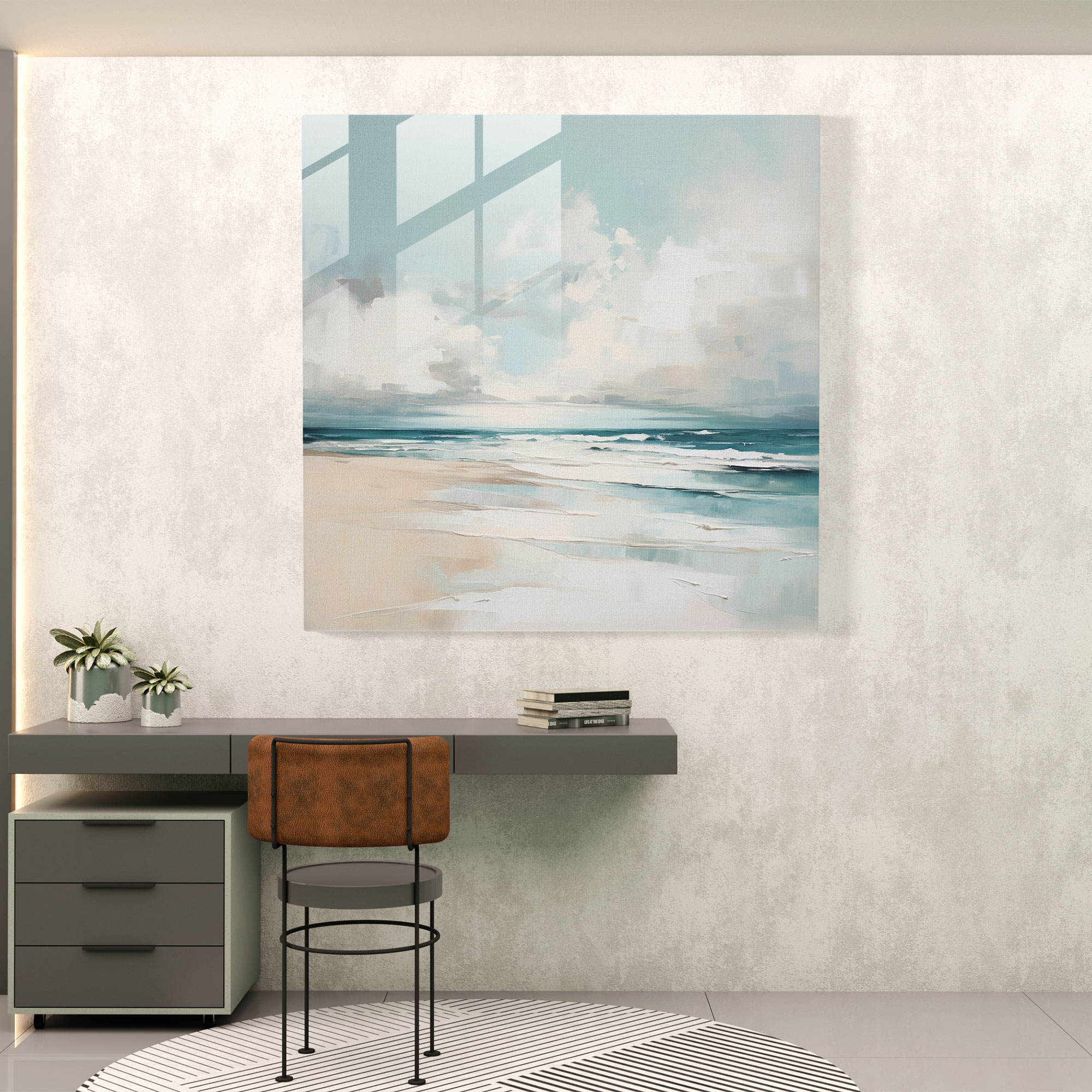 Minimalist Coastal Seascape Glass Print - Seascape, Serene Coastal Scene, Limited Color Palette, Calming Ambiance