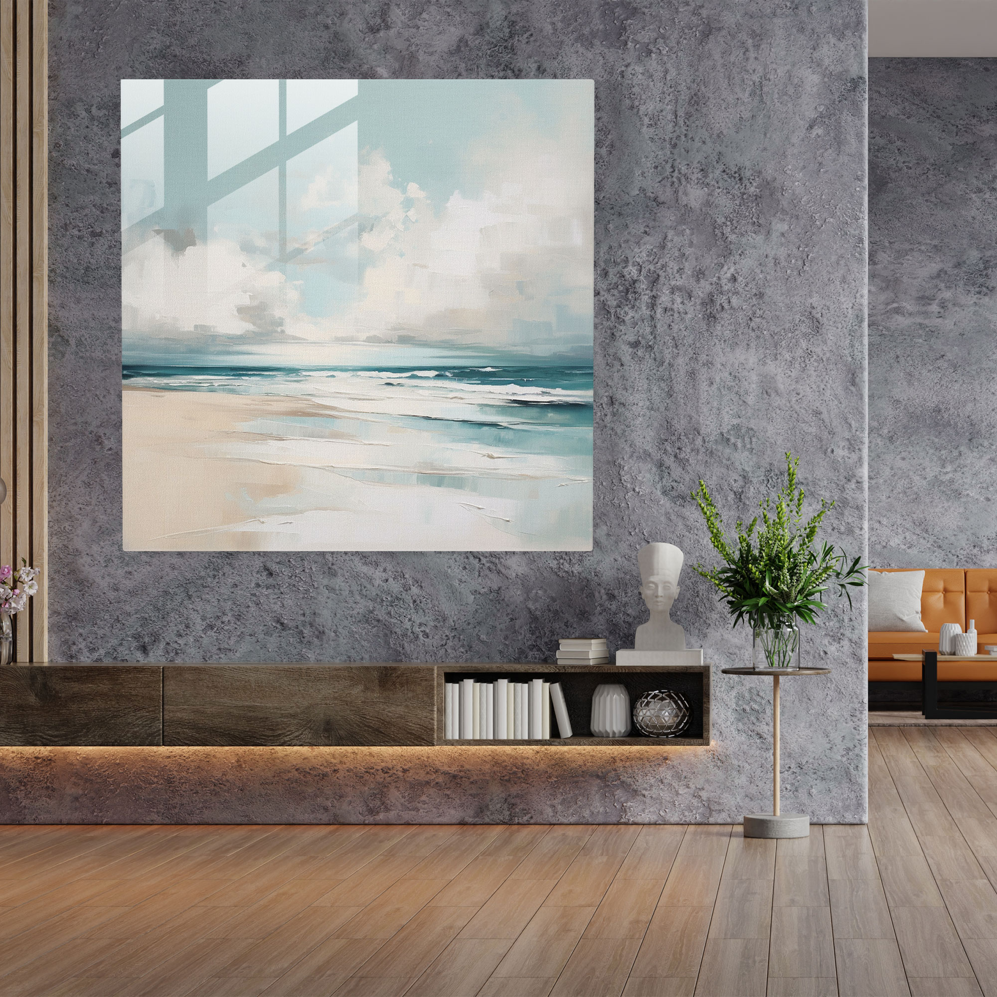 Minimalist Coastal Seascape Glass Print - Seascape, Serene Coastal Scene, Limited Color Palette, Calming Ambiance