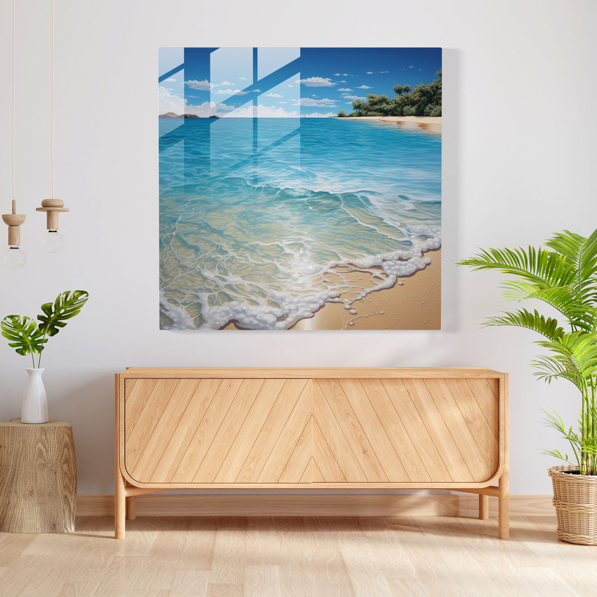 Gerçekçi Deniz Manzaralı Cam Tablo - Deniz Manzarası Sahil Cenneti Cam Sanat Altın Kum