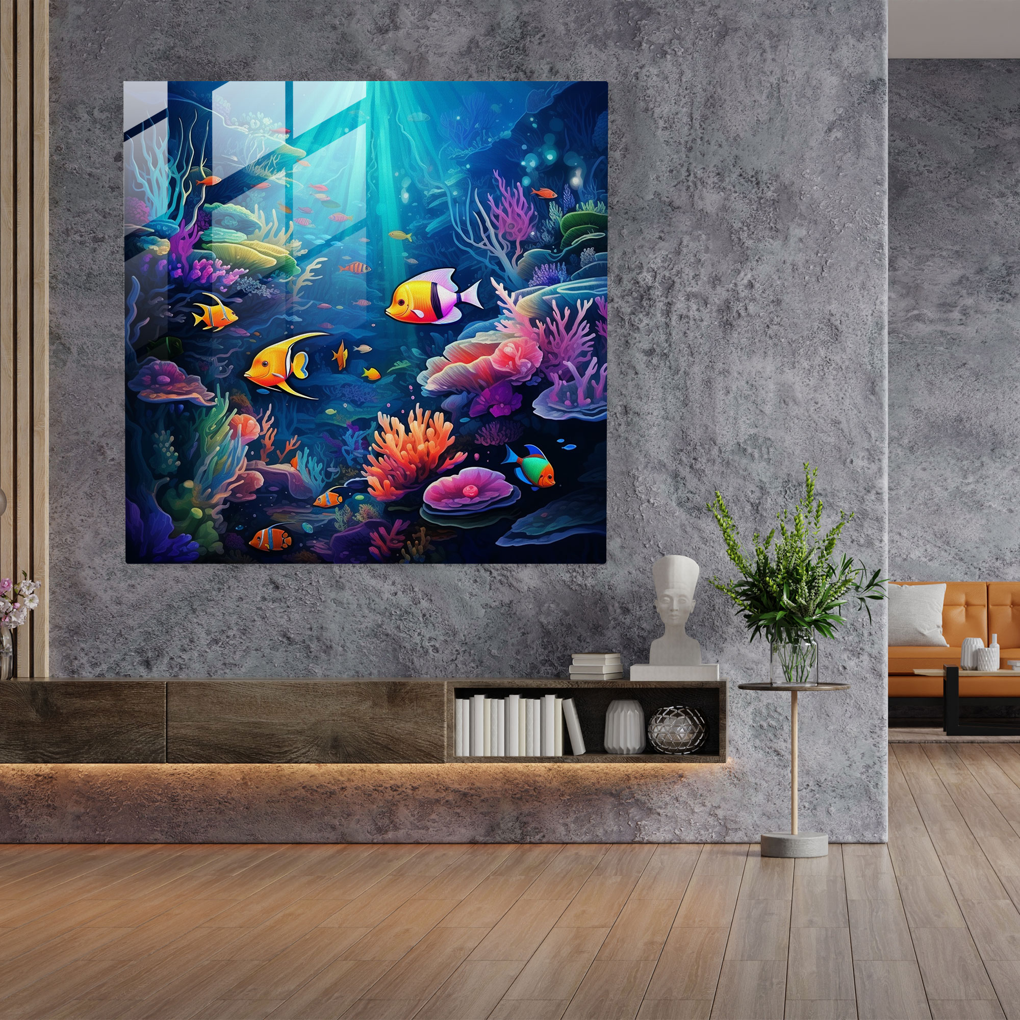 Seascape Glass Print - Enchanting Underwater - Seascape, Glass Wall Art, Digital Art Illustration, Modern Art