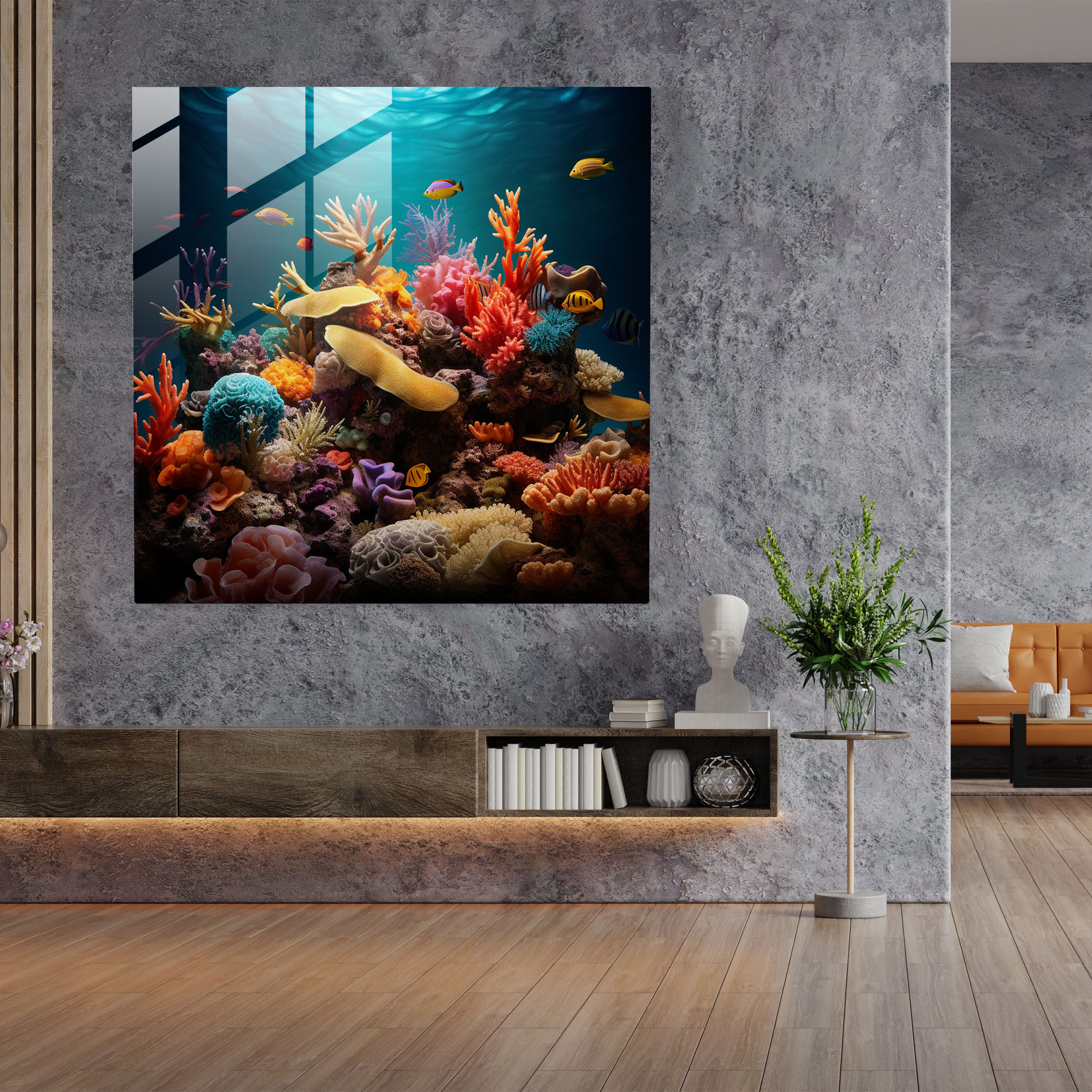 Deniz Manzaralı Mercan Resimli Cam Tablo - Deniz Manzarası Ev Dekorasyonu Modern Sanat Fotoğraf