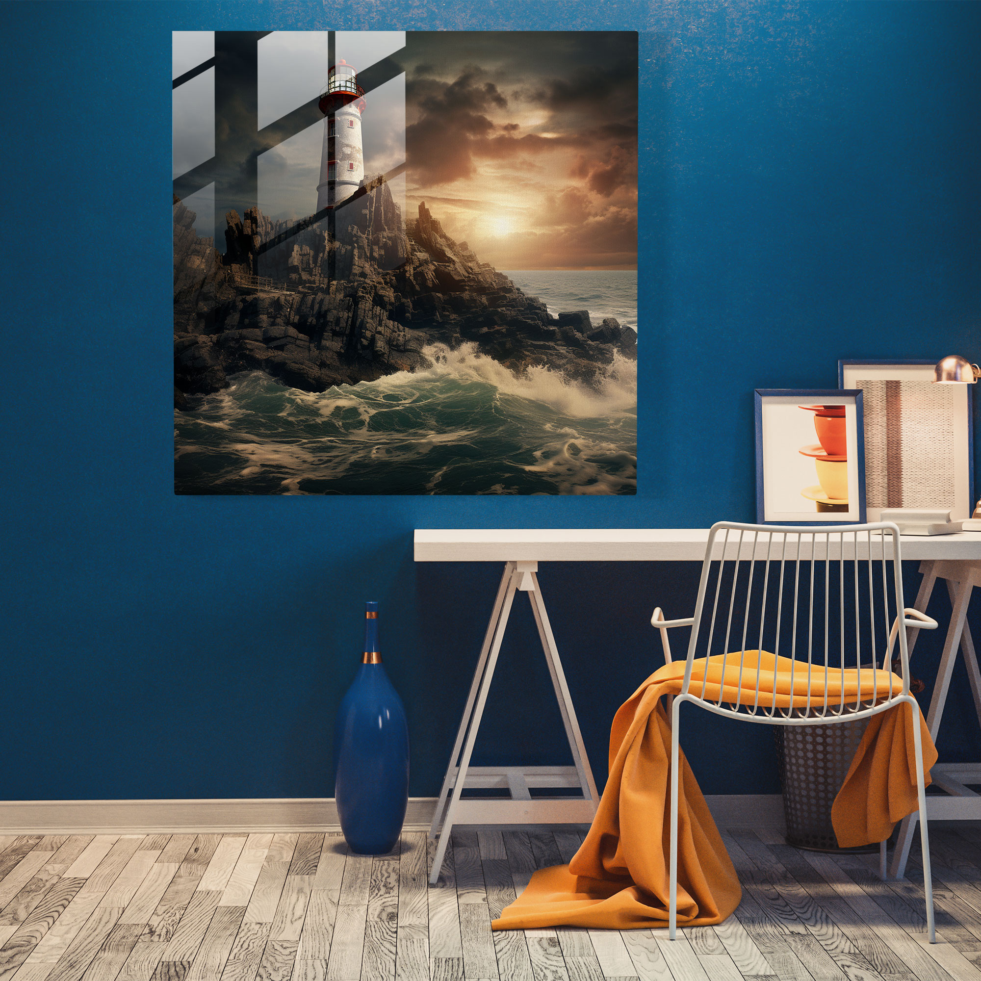 Seascape Glass Print - Realistic Photograph Of Lighthouse On Rocky Cliff - Seascape, Modern Art, Glass Art, Glass Wall Art