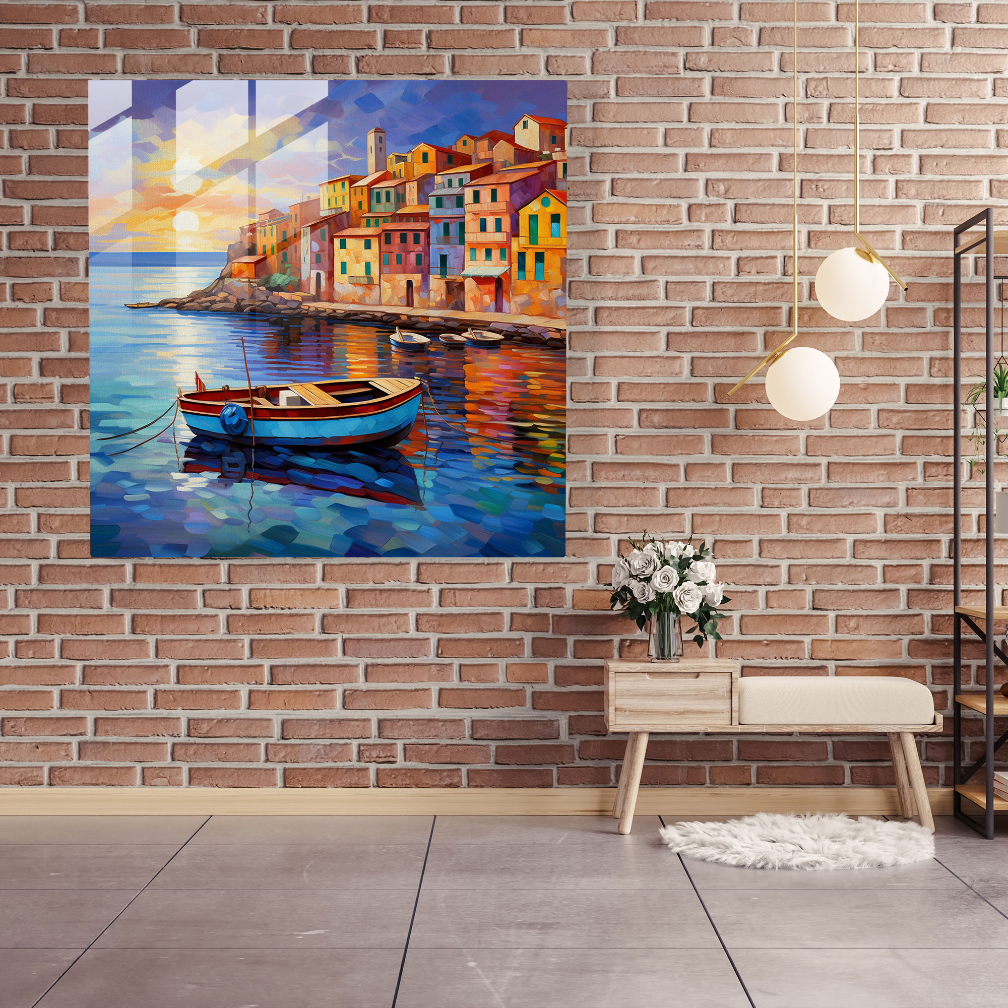 Seascape Glass Print - Impressionist Painting Of Serene Coastal Village - Seascape, Wall Decoration, Coastal Village, Glass Art