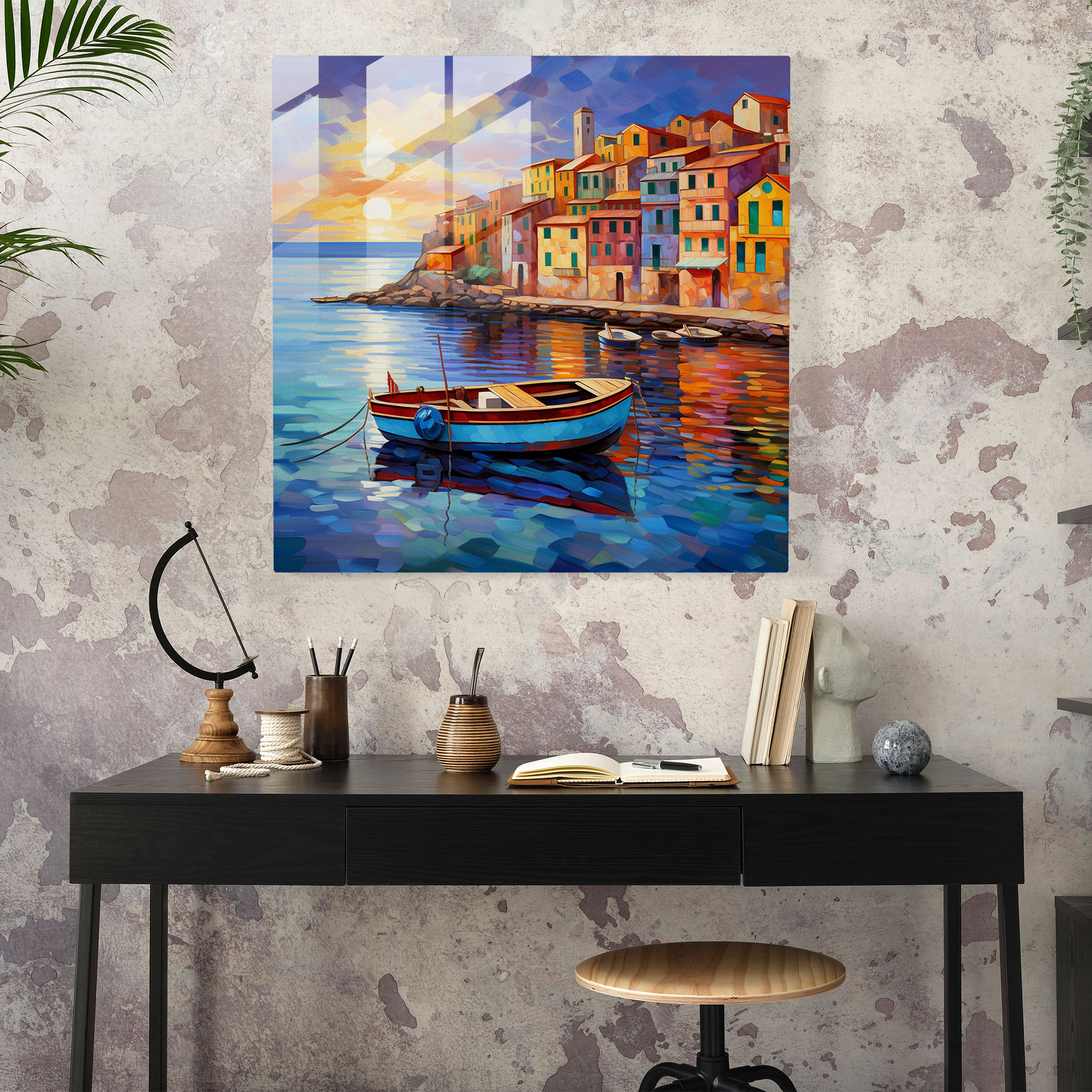 Seascape Glass Print - Impressionist Painting Of Serene Coastal Village - Seascape, Wall Decoration, Coastal Village, Glass Art