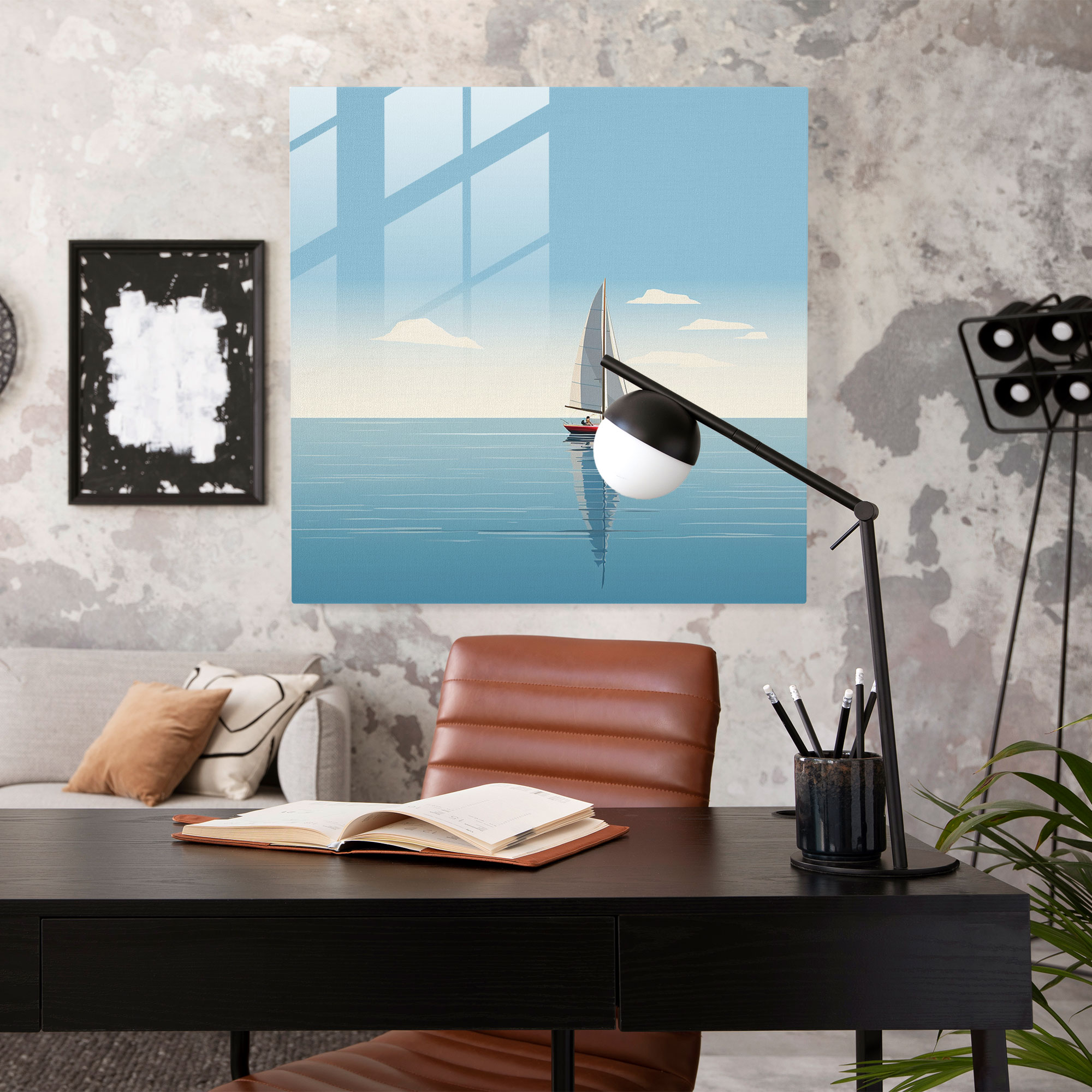 Seascape Glass Print - Minimalistic Sailboat Illustration - Seascape, Solitary Sailboat, Glass Print, Modern Art