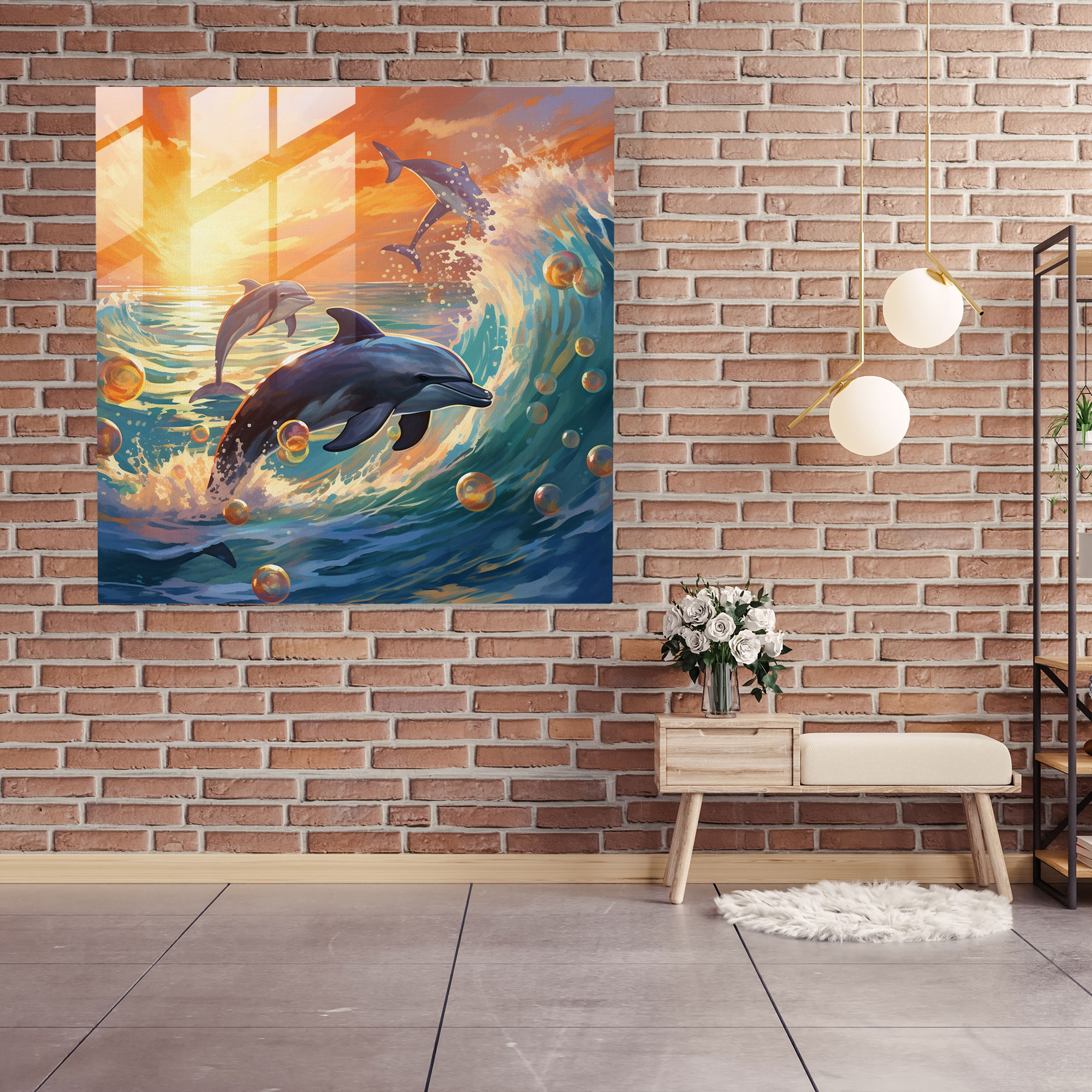 Seascape Glass Print - Whimsical Dolphins Painting - Seascape, Wall Decoration, Glass Print, Glass Art