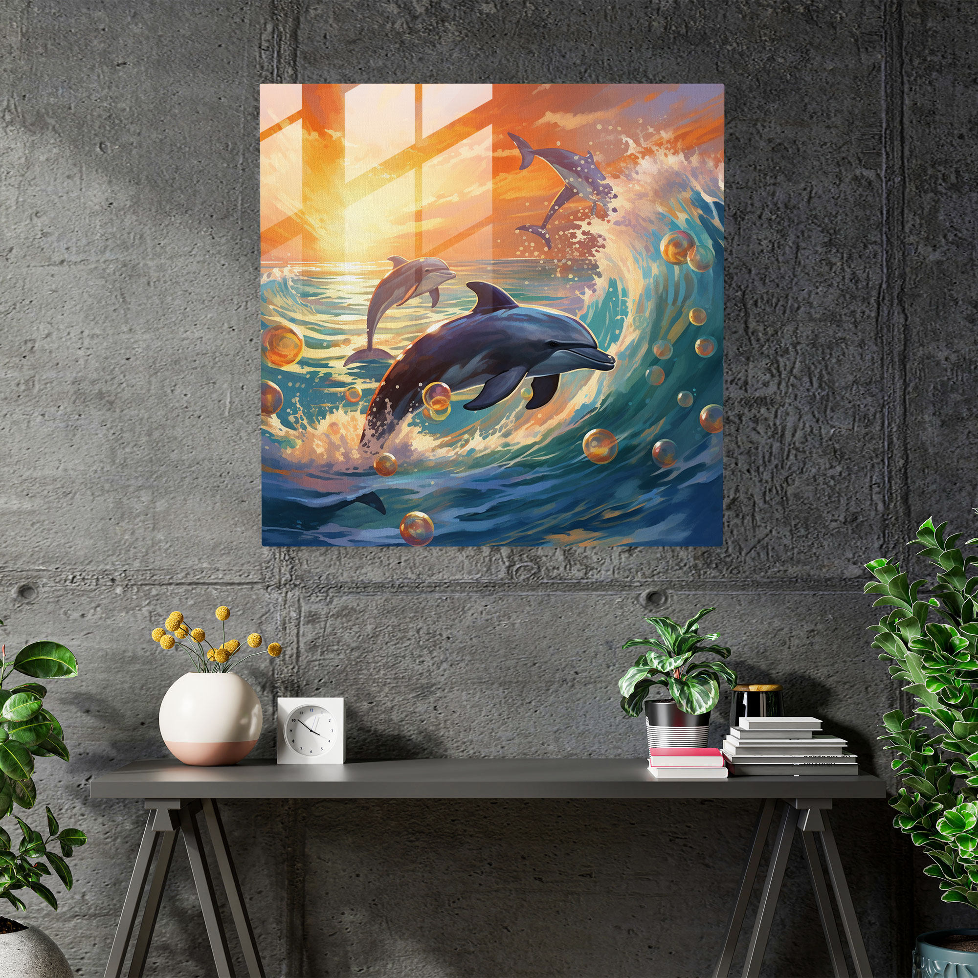 Seascape Glass Print - Whimsical Dolphins Painting - Seascape, Wall Decoration, Glass Print, Glass Art