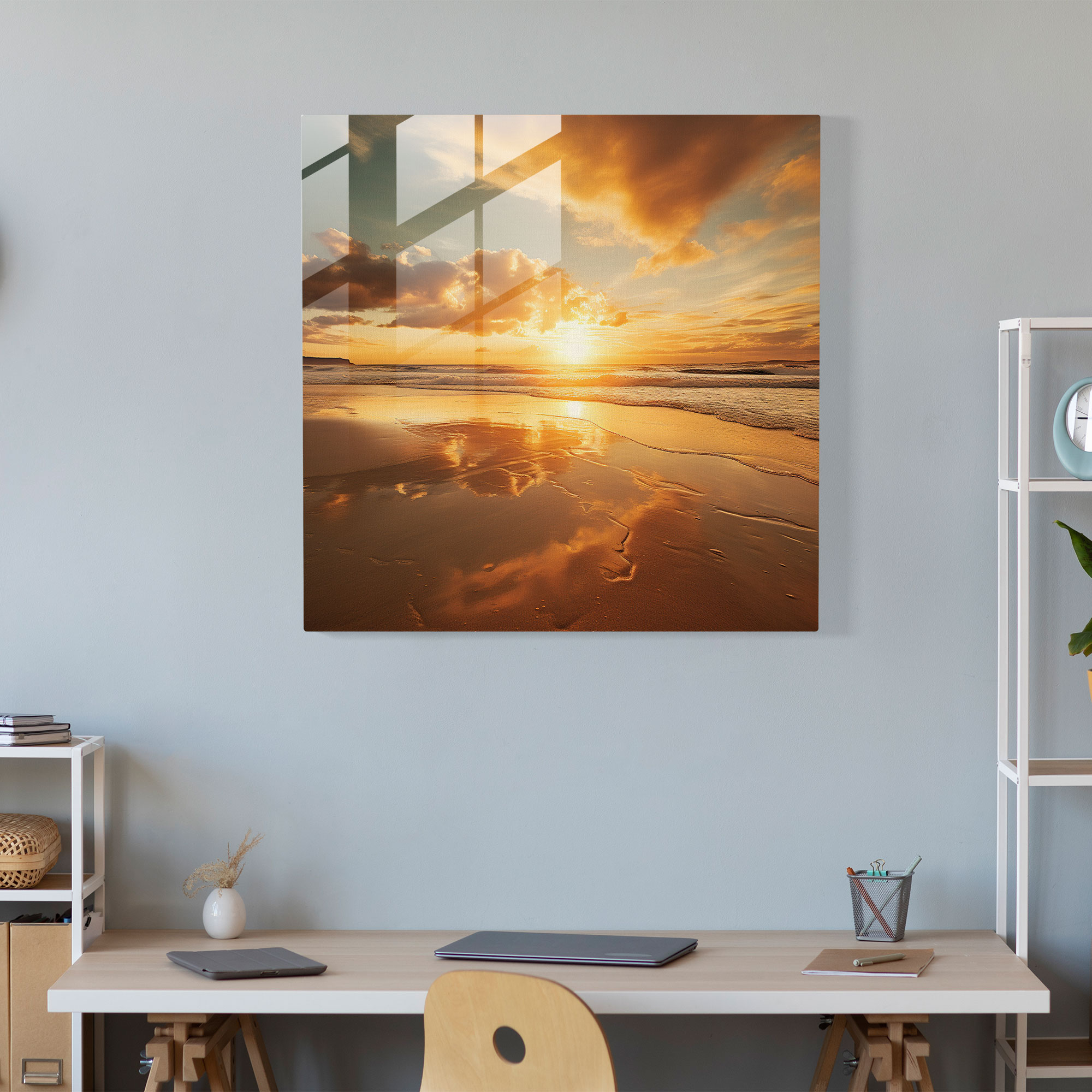 Kumlu Plajda Gün Batımı Yansımaları - Deniz Manzaralı Cam Tablo Modern Fotoğraf Ev Dekorasyonu