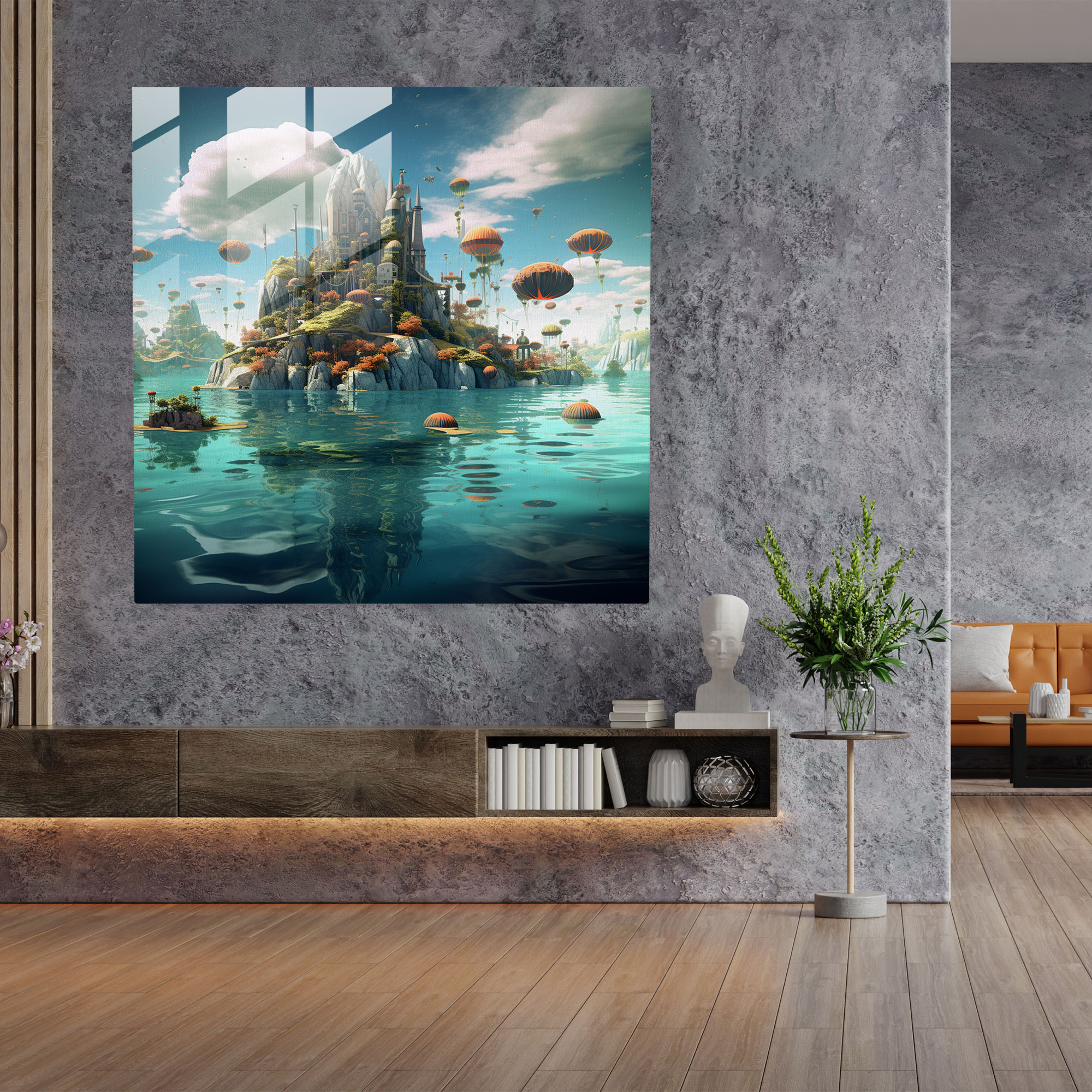 Deniz Manzaralı Cam Tablo - Gerçeküstü Mistik Dijital Sanat - Deniz Manzarası Renkli Deniz Canlıları Modern Sanat Duvar Dekorasyonu
