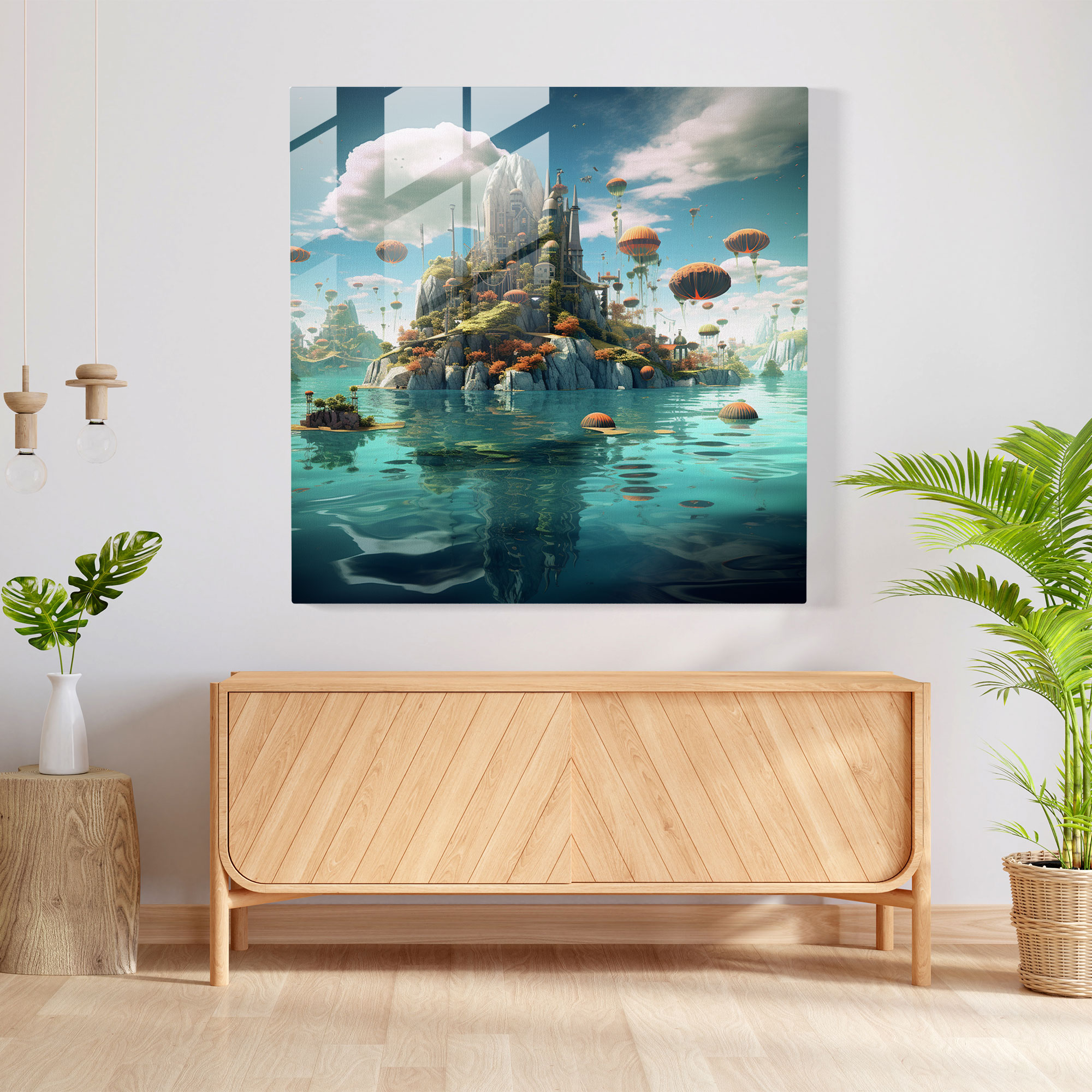 Deniz Manzaralı Cam Tablo - Gerçeküstü Mistik Dijital Sanat - Deniz Manzarası Renkli Deniz Canlıları Modern Sanat Duvar Dekorasyonu