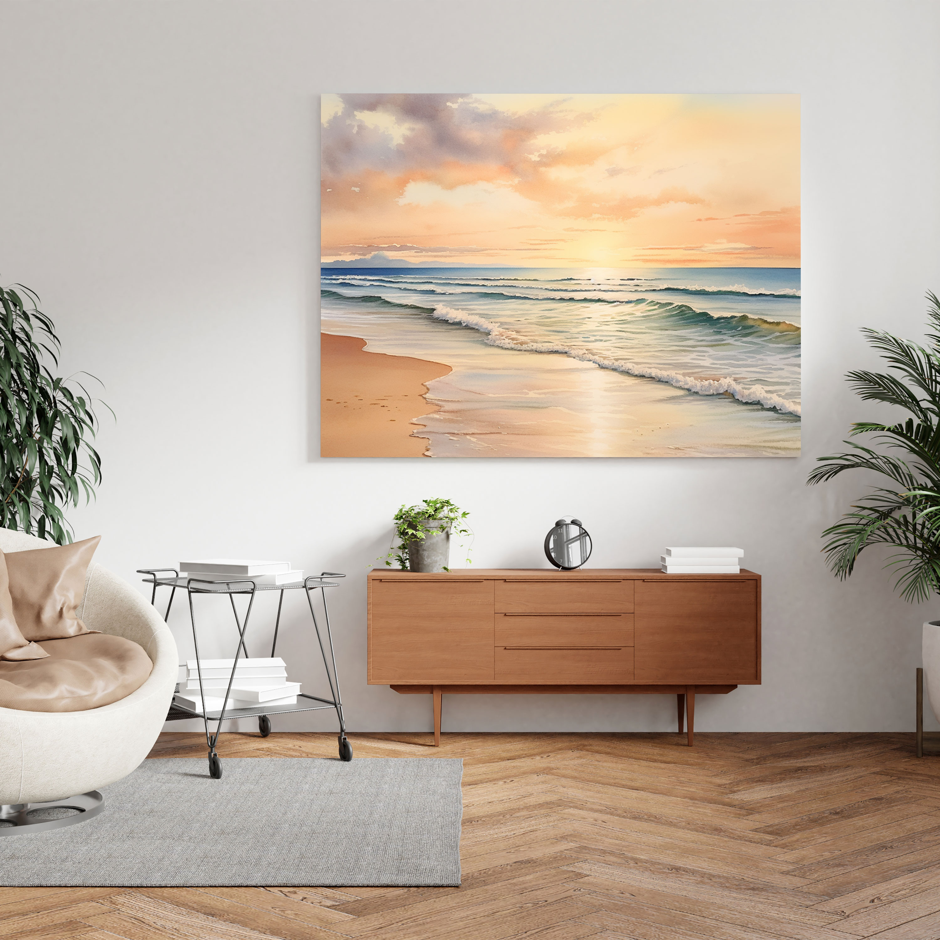 Seascape Wall Art - Watercolor Sunset Beach - Seascape, Canvas Wall Art, Seascape Home Decoration, Home Decoration