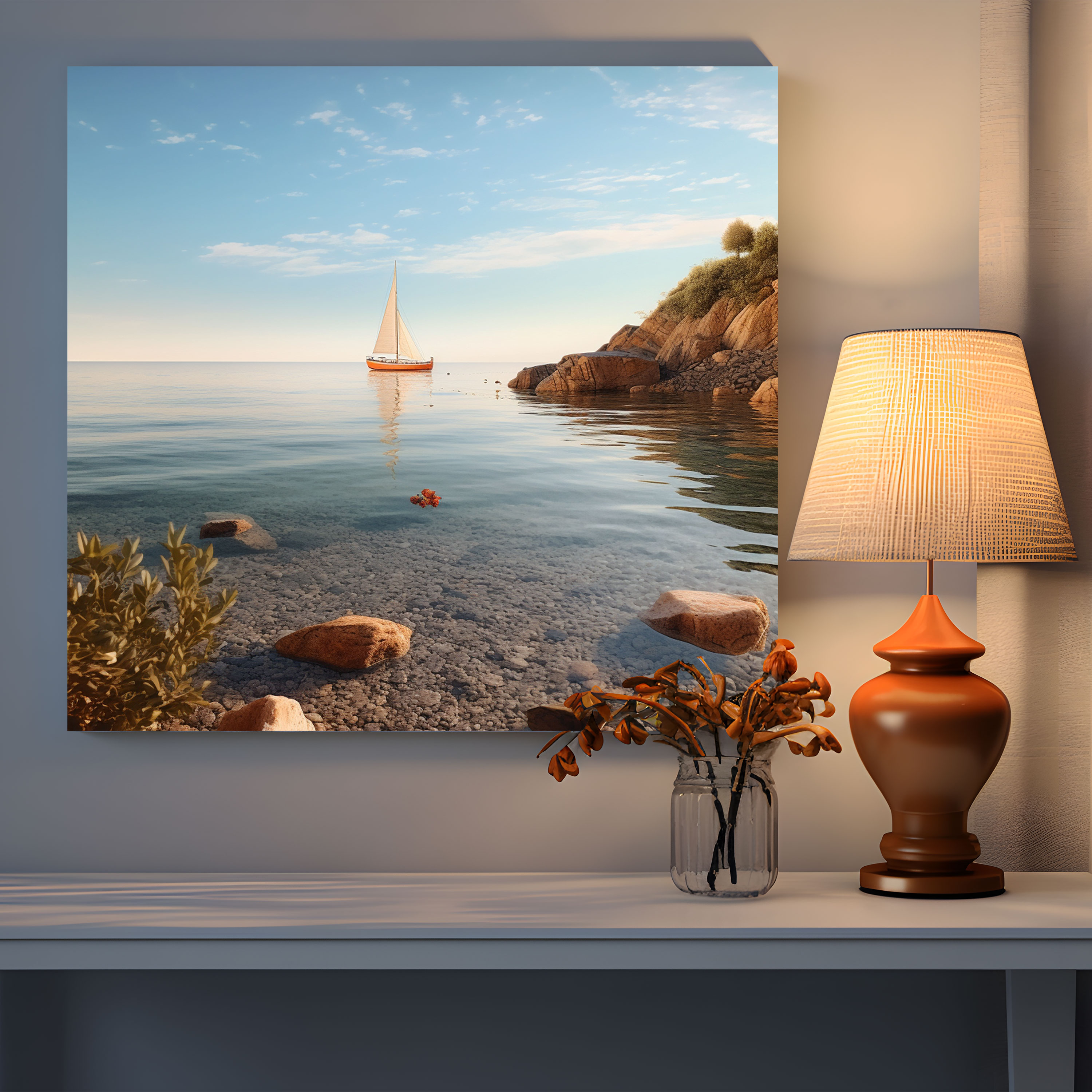 Seascape Wall Decoration - Photorealistic Bay & Sailboat - Seascape, Home Decoration, Canvas Print, Seascape Wall Decoration