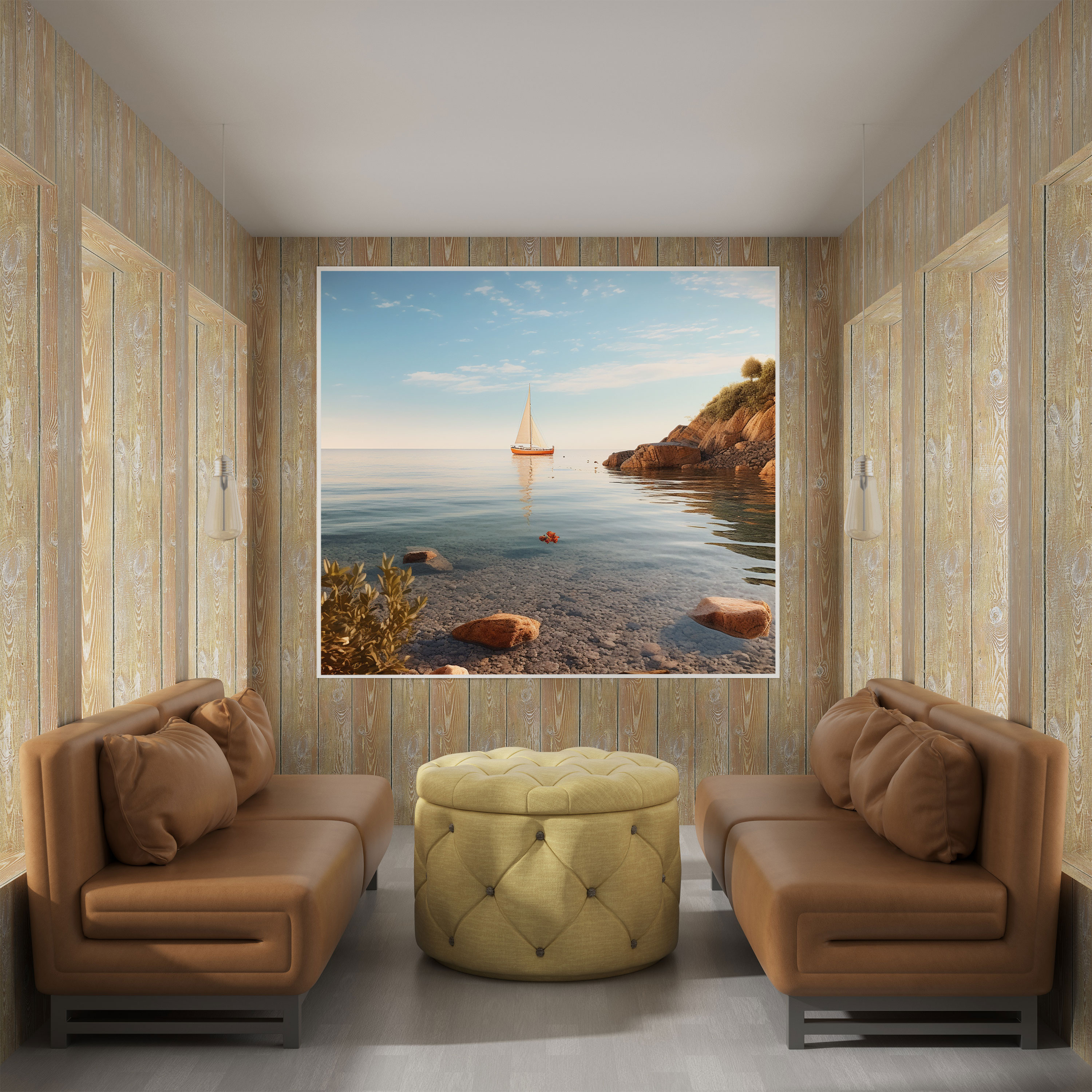 Seascape Wall Decoration - Photorealistic Bay & Sailboat - Seascape, Home Decoration, Canvas Print, Seascape Wall Decoration