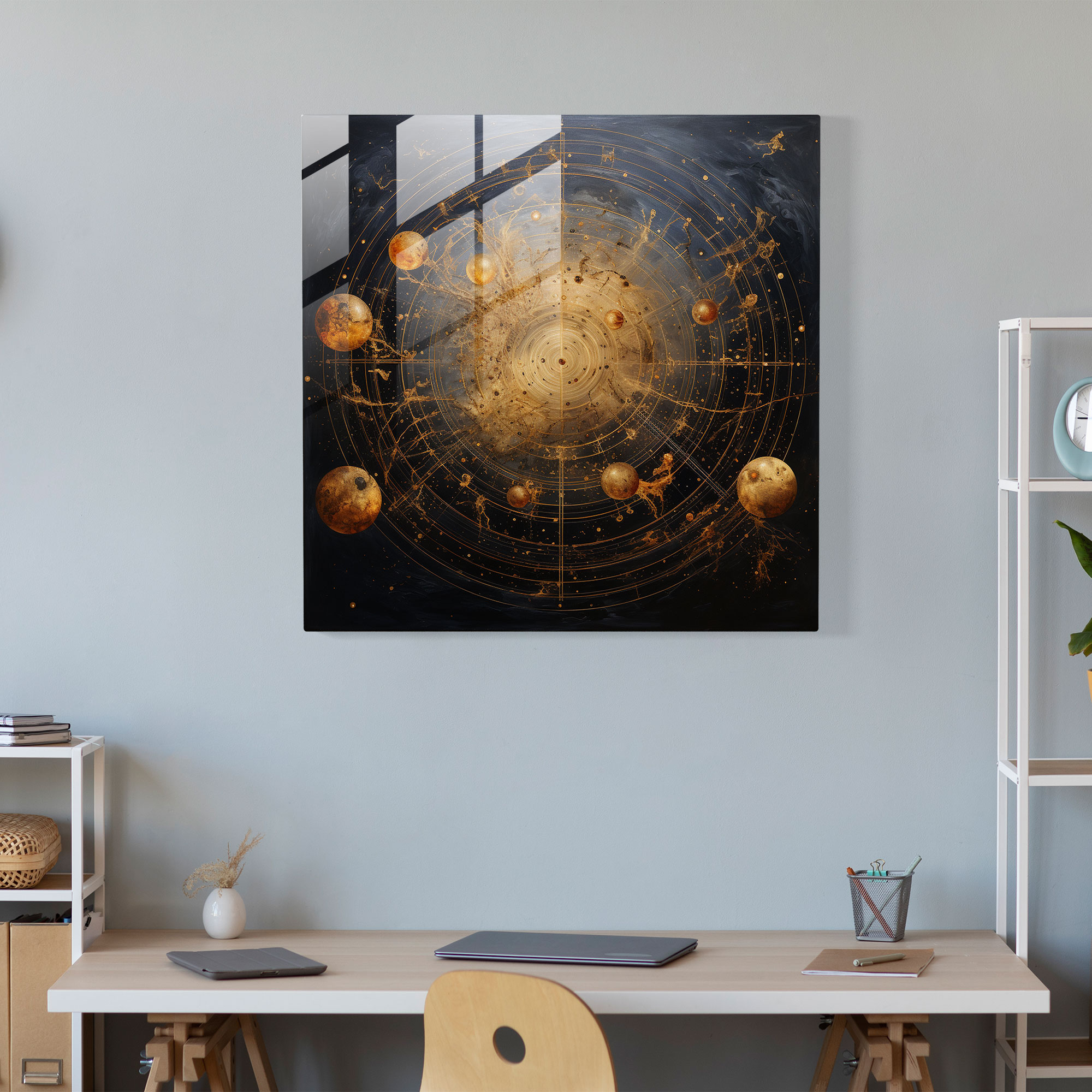 Altın Yıldız Haritası Cam Tablo - Altın Detaylar Modern Sanat Göksel Harita