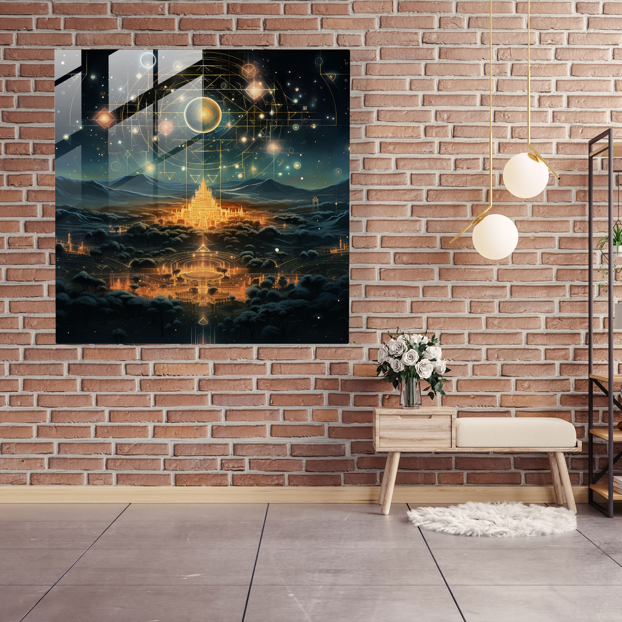 Sürreal Yıldız Haritası Cam Tablo - Yıldız Haritası Modern Sanat Cam Duvar Sanatı Geometrik Şekiller
