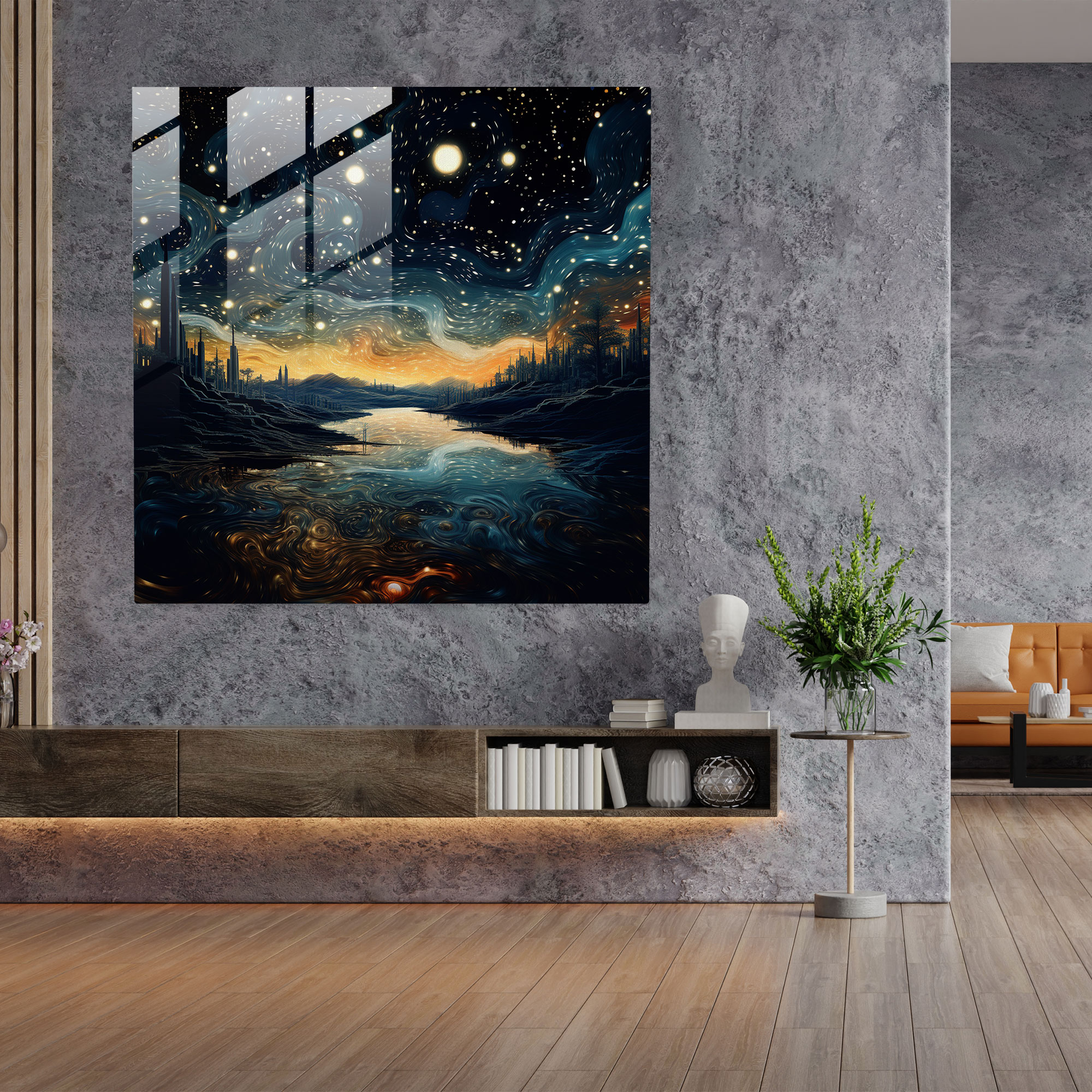 Yıldızlı Gece Haritası Cam Tablo - Yıldız Haritası Yıldızlı Gece Gökyüzü Modern Sanat Gerçeküstü Dijital Sanat Eseri
